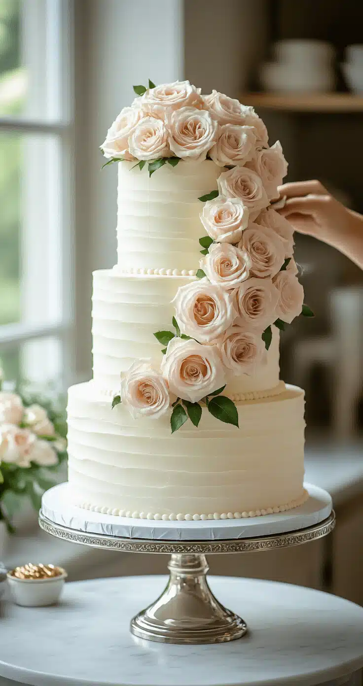 A three-tiered white wedding cake with smooth buttercream, piped details, and blush pink roses being assembled on a silver stand in an upscale bakery.