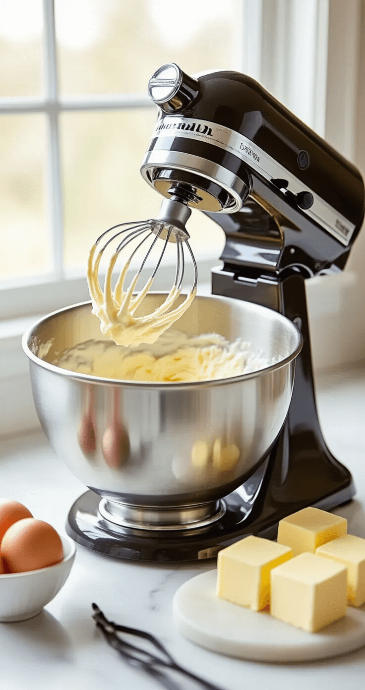 Close-up of a stainless steel stand mixer bowl with creamy butter and sugar whipped to a light, fluffy consistency, surrounded by fresh ingredients like eggs and vanilla extract on a marble countertop, illuminated by soft natural light.