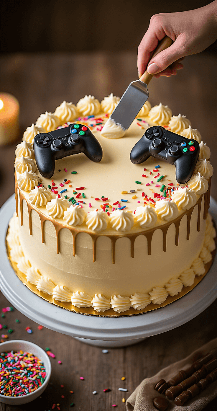 Overhead view of a golden cake on a rotating stand being decorated with white buttercream, fondant gaming controllers, colorful sprinkles, and chocolate curls, illuminated by warm ambient lighting.