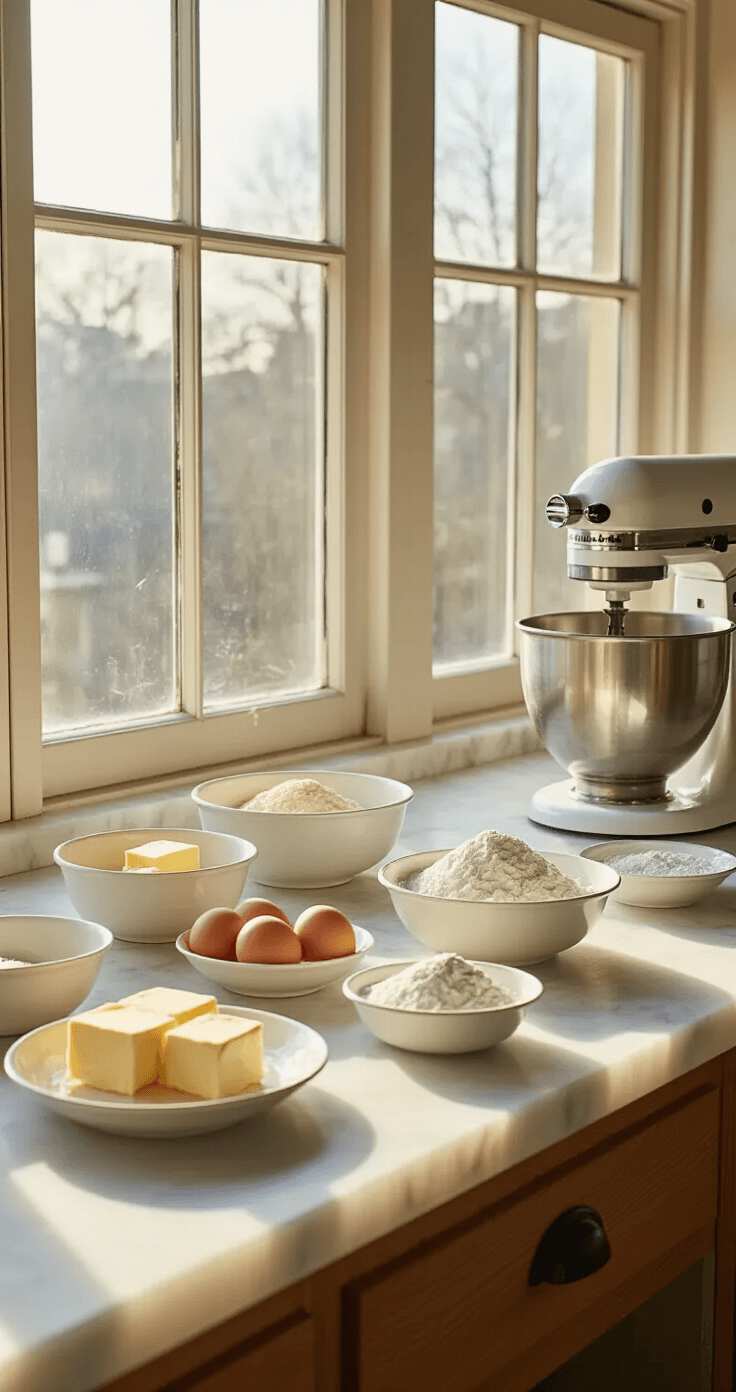 A professional kitchen bathed in natural light, showcasing an organized mise en place with measured ingredients like butter, eggs, and flour in white bowls, a stand mixer, and gleaming cake pans on marble countertops.