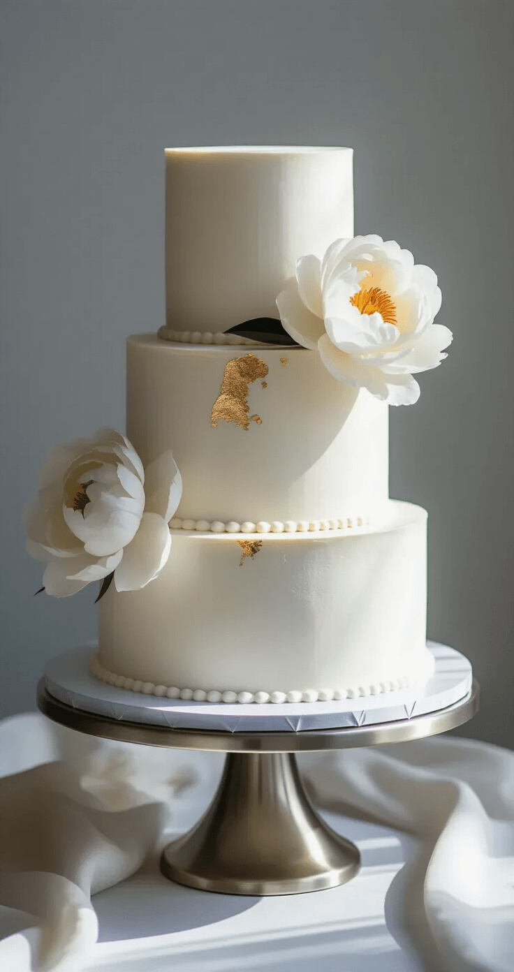 A three-tiered white wedding cake with a smooth buttercream finish, adorned with a cascading white peony and gold leaf, displayed on a metallic stand against a grey backdrop, illuminated by spotlighting.