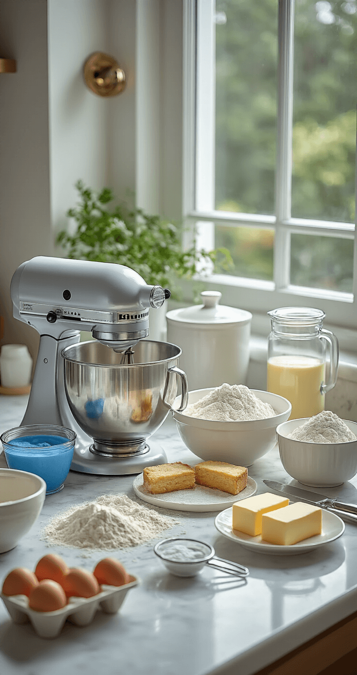 A kitchen countertop bathed in soft natural light showcases ingredients and equipment for a Sonic-themed cake, featuring a shiny stand mixer, mixing bowls, flour, eggs, butter, and blue food coloring.