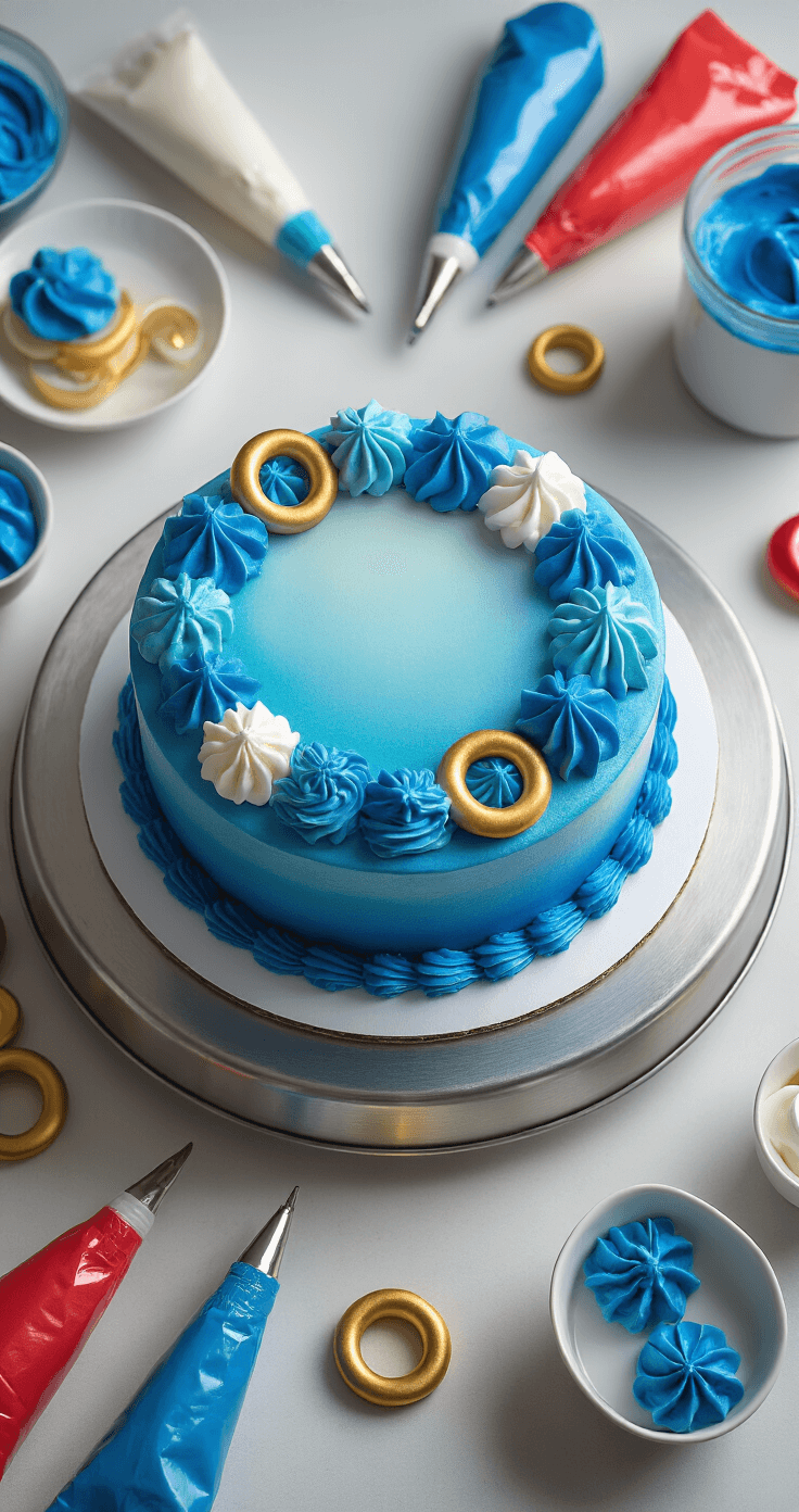 Overhead view of a cake decorating station with a vibrant blue ombré frosted cake on a metallic turntable, surrounded by Sonic character-themed fondant decorations, piping bags of blue buttercream, and golden rings, illuminated by soft studio lighting.
