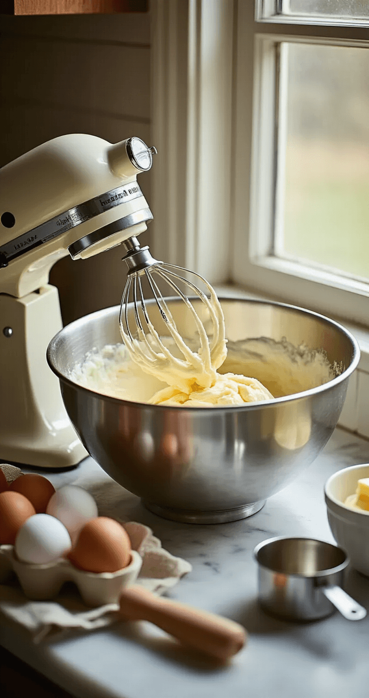 Close-up of creamy cake batter being mixed in a stainless steel bowl, with a vintage mixer and fresh ingredients on a marble countertop, illuminated by soft natural light.