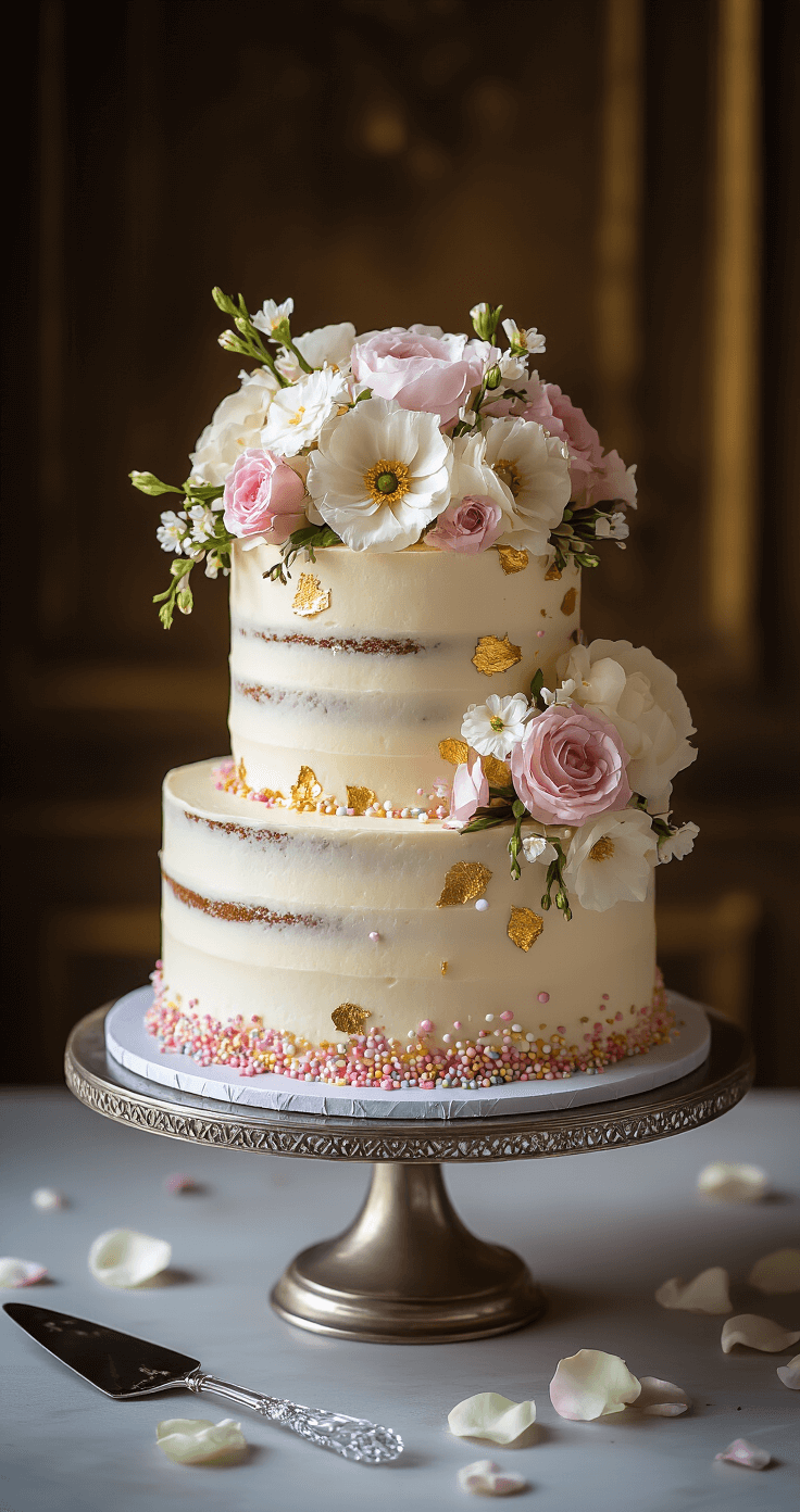 Overhead view of an exquisite three-tiered birthday cake on a silver stand, adorned with white buttercream, fresh flowers, gold leaf, pastel sprinkles, chocolate shavings, and rose petals, under warm studio lighting.