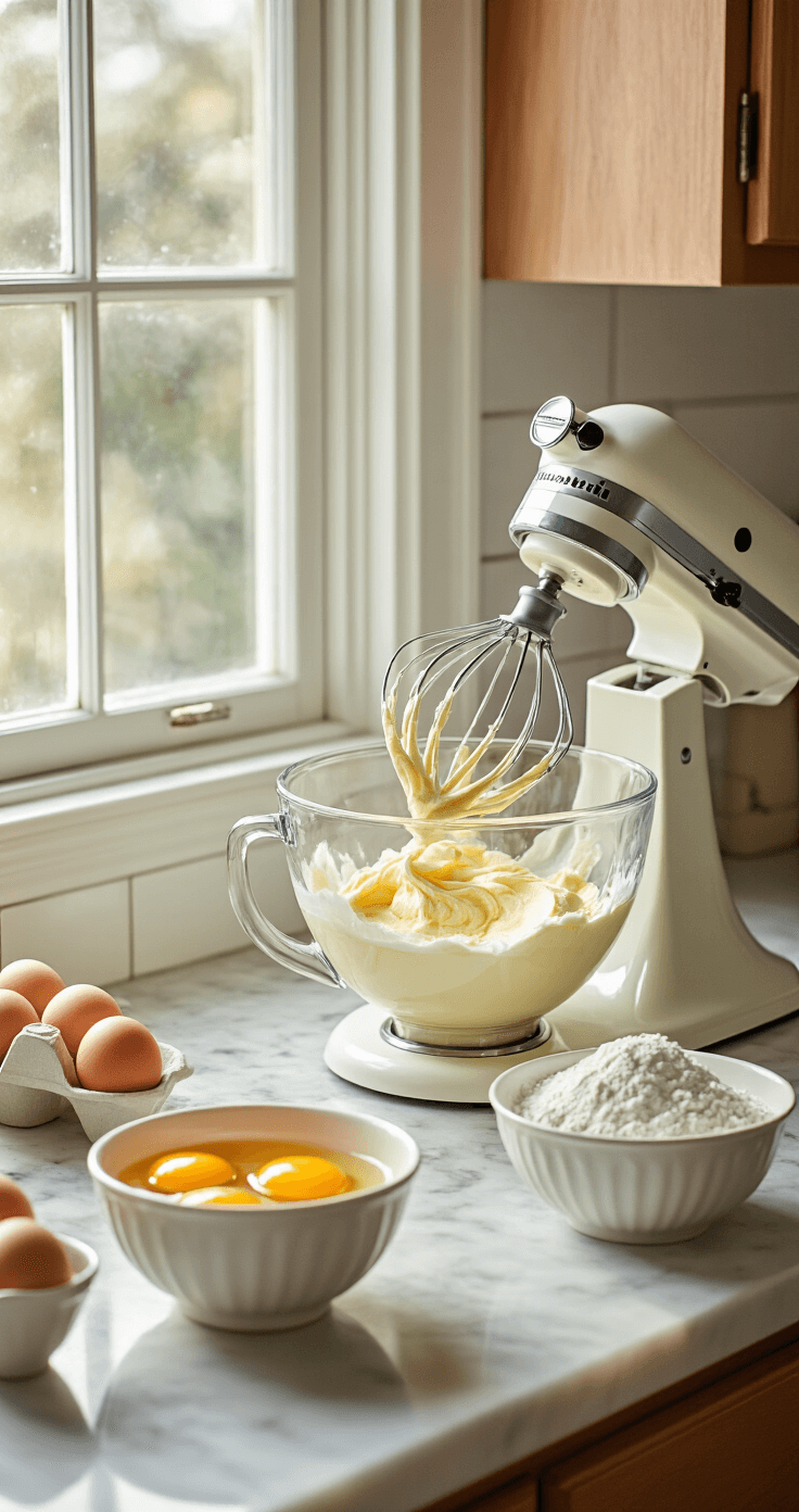 A bright kitchen scene with a stand mixer creaming butter and sugar on a marble countertop, surrounded by fresh eggs, vanilla extract, and measured flour in ceramic bowls.