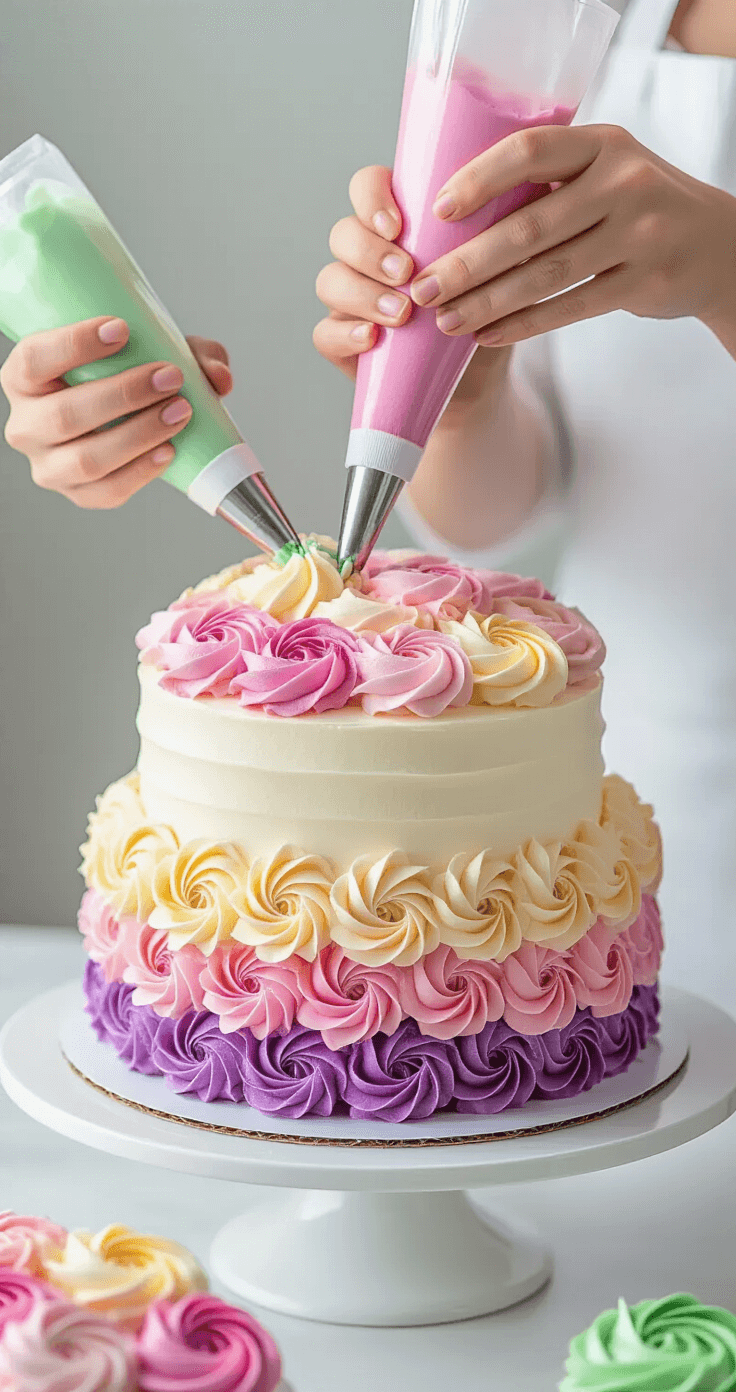 Close-up of skilled hands piping colorful buttercream flowers onto a white cake, with gradient-colored frosting bags on a turntable.