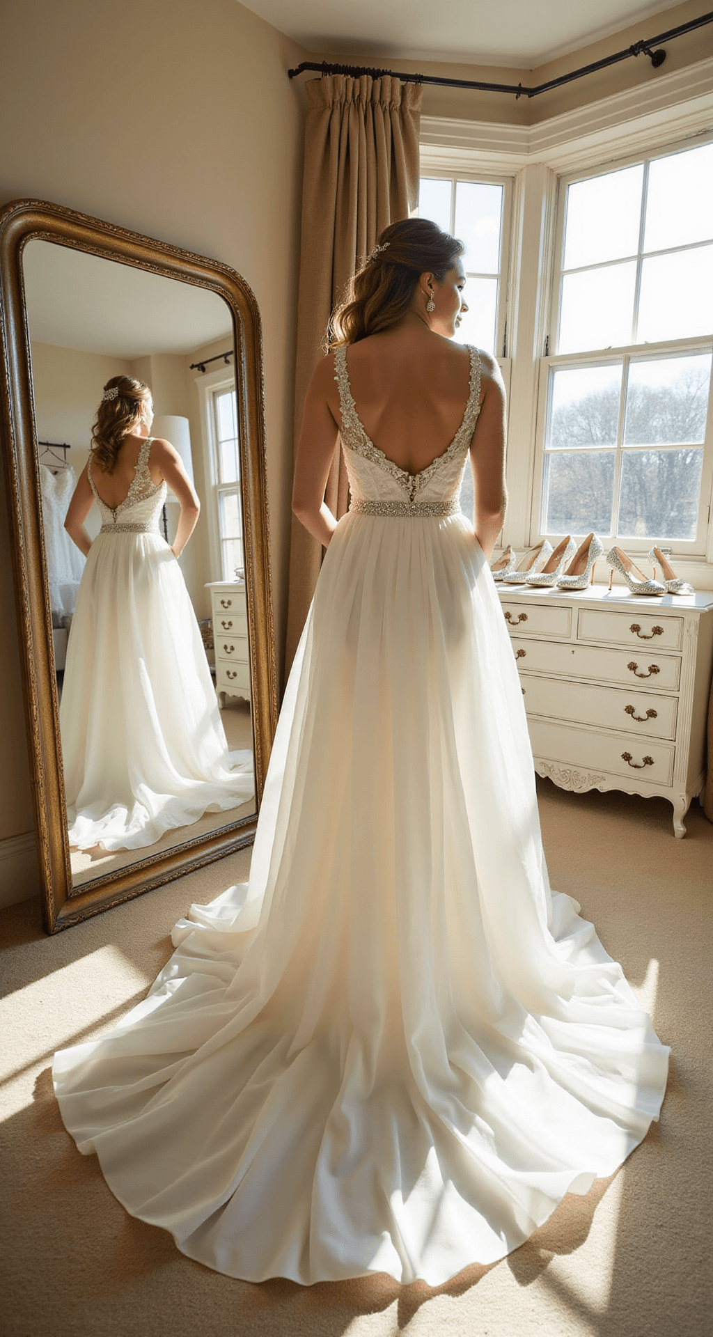 A bride in a flowing white gown admires herself in a triple mirror, trying on pearl white Badgley Mischka stilettos with crystal embellishments in a sunlit bridal boutique fitting room with plush carpeting and elegant decor.