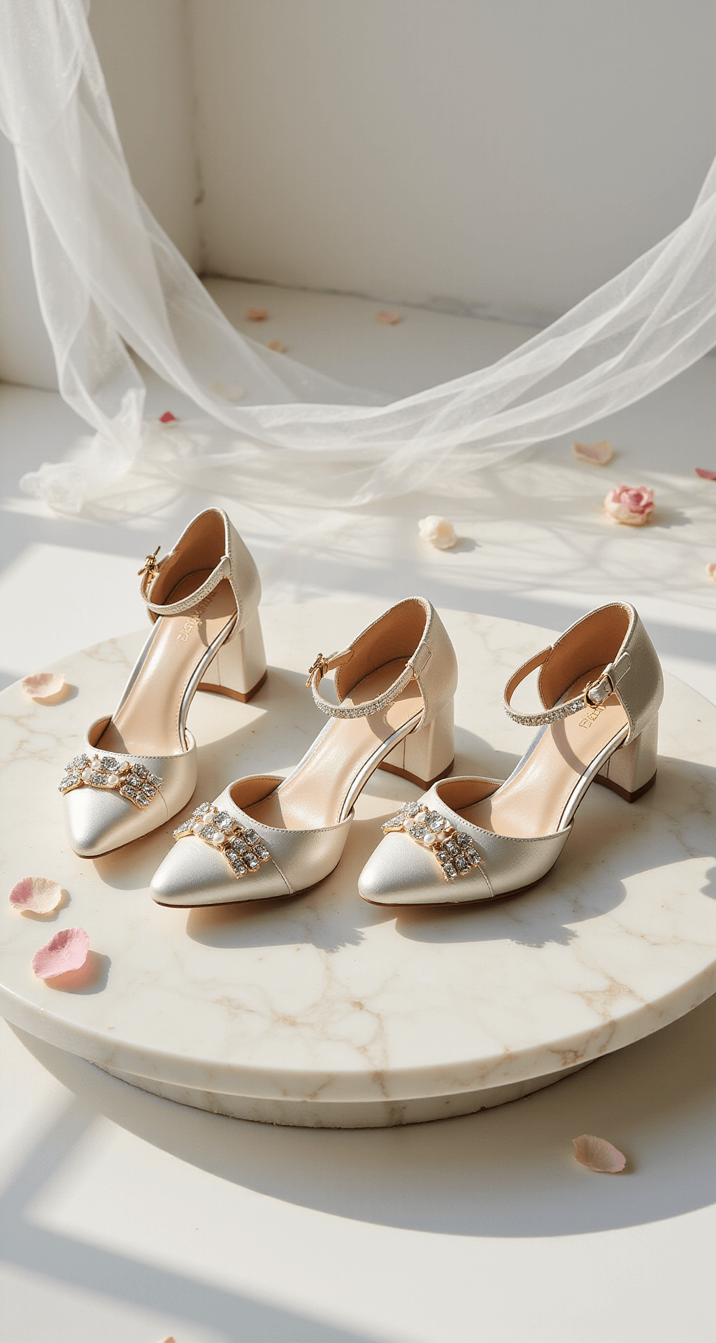Close-up view of three pairs of block heels in ivory and metallic tones on a marble platform, featuring pearl embellishments, satin finishes, and crystal buckles, surrounded by scattered rose petals and a sheer veil, captured from above at a 45-degree angle with a macro lens to highlight texture details.