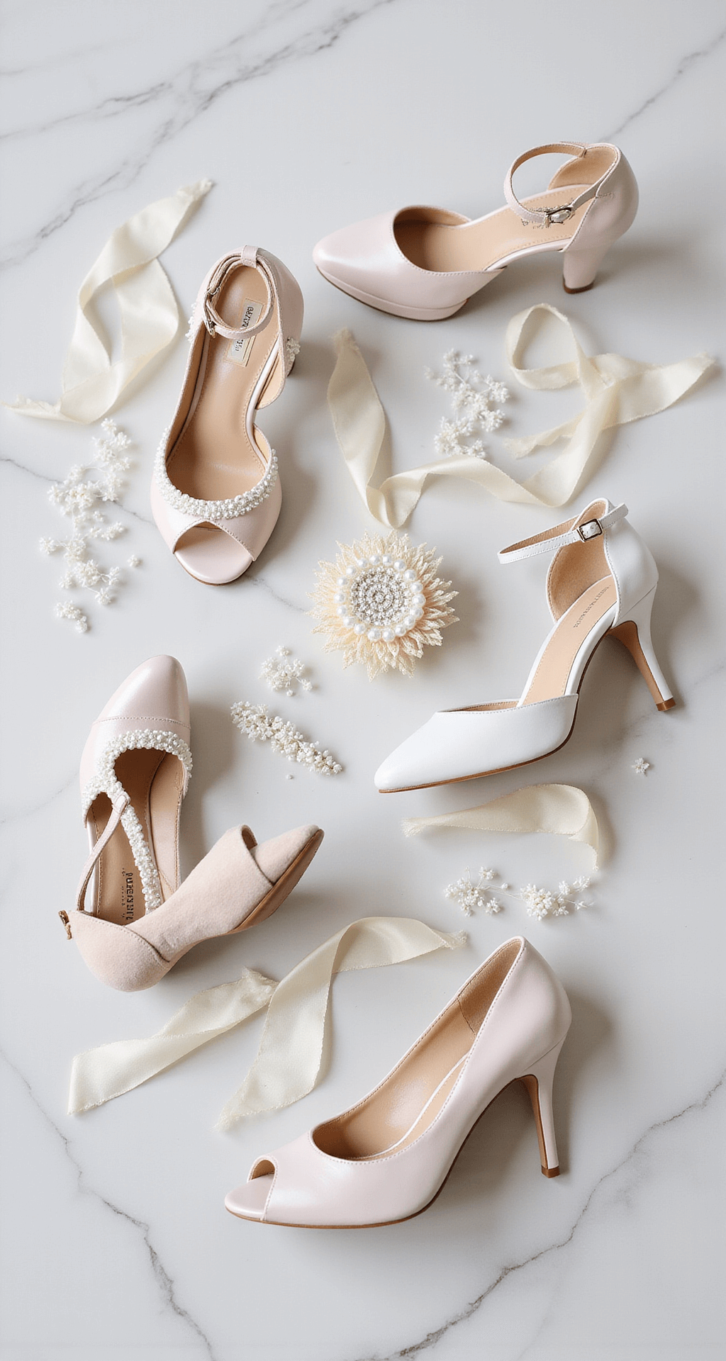 A professional flat-lay of bridal shoes in various heel heights and styles, arranged on a white marble surface. The collection features padded insoles, ankle-strap designs, and platform soles in bridal shades, alongside scattered accessories like pearl hairpins, lace garters, and silk ribbons, all captured in soft, even mid-morning light.