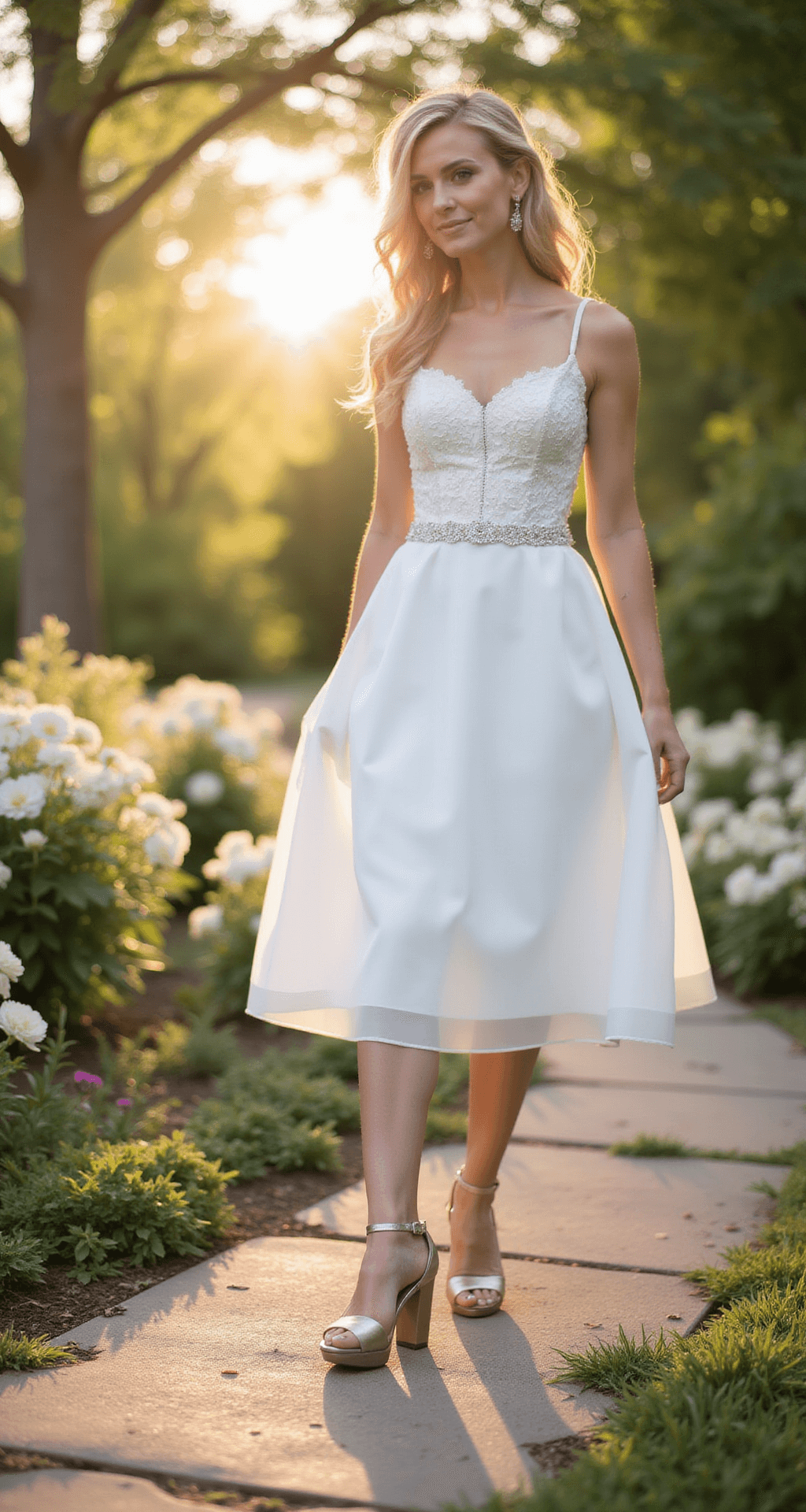 Bride in champagne metallic Naturalizer block heels walking on a stone pathway in a romantic garden, surrounded by blooming flowers and bathed in late afternoon dappled sunlight, with a natural bokeh effect from the foliage.