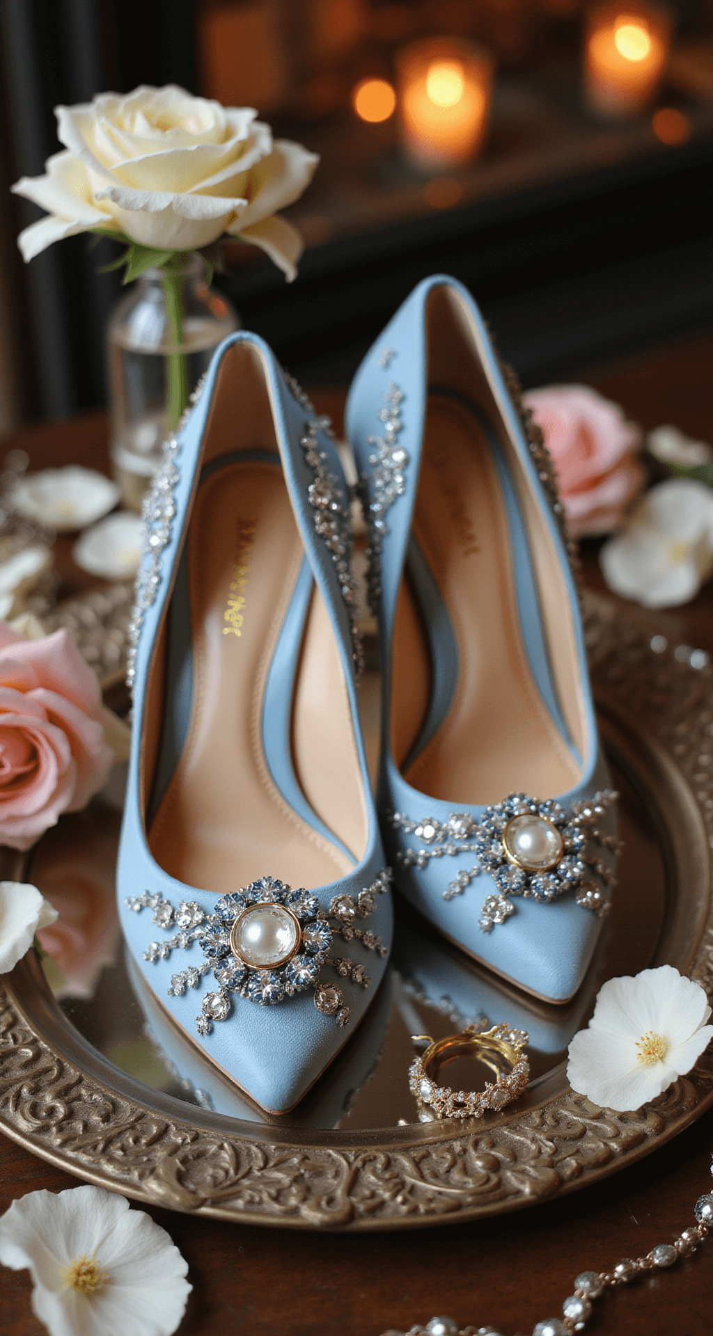 Close-up of designer 'something blue' heels with sapphire crystal details and pearl accents on a mirrored surface, reflecting warm ambient light. Scattered rose petals, vintage perfume bottles, and delicate jewelry enhance the romantic atmosphere.