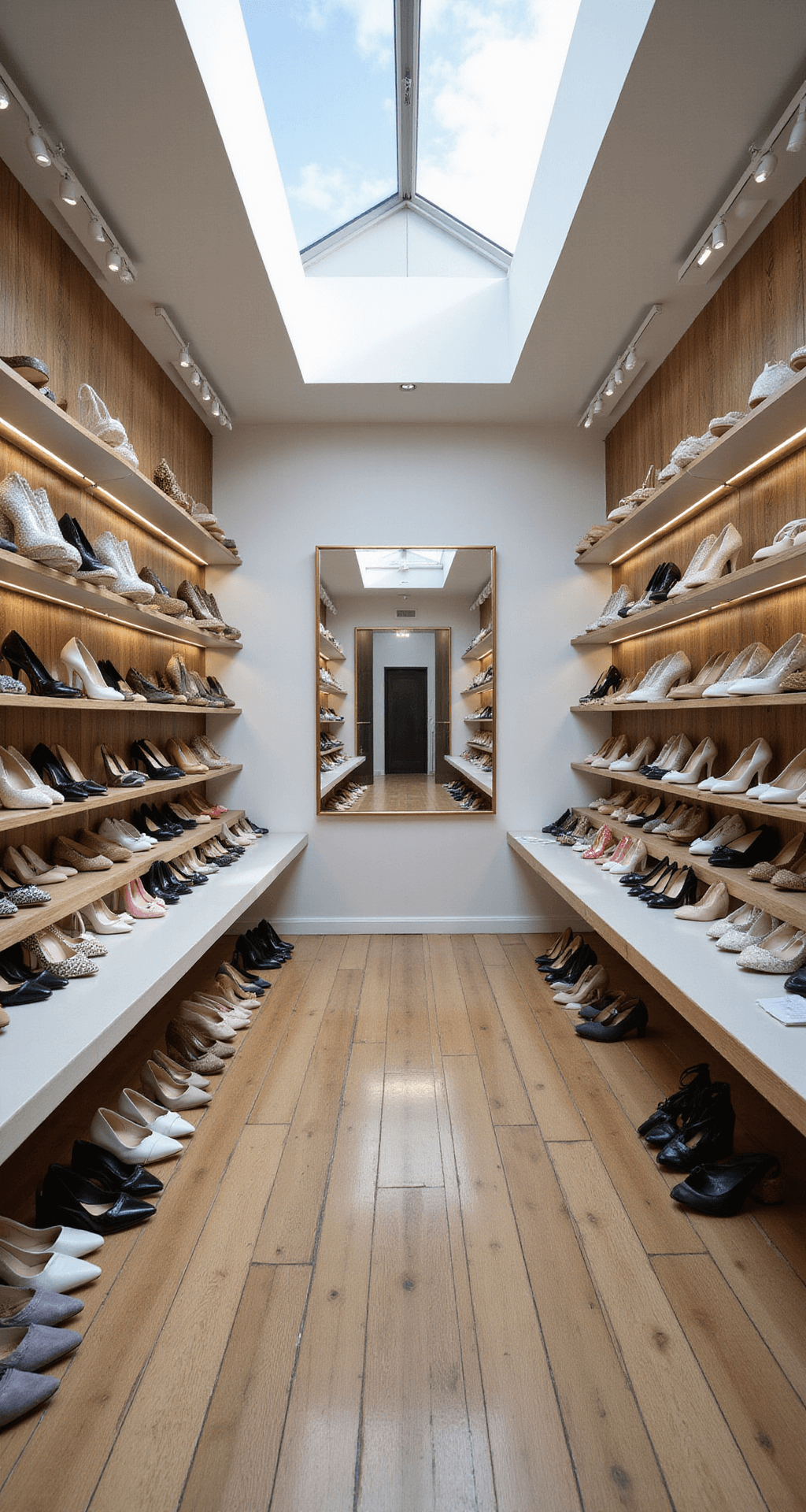 A bright and organized boutique dressing room showcasing a wide collection of wedding shoes arranged by height, including flats and high heels. The setting features natural light from a skylight, measuring tape, foot cushions, and comfort accessories, all in a clean editorial style highlighting size and width comparisons.