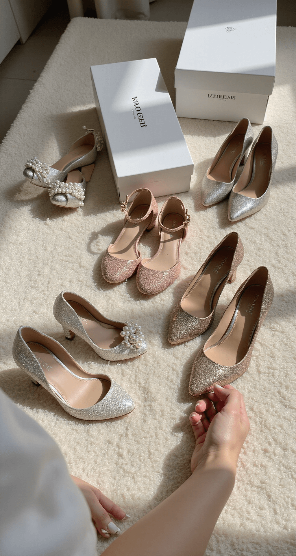 Close-up of a curated collection of wedding shoes on a cream carpet, featuring pearl-adorned flats and metallic block heels, with a bride's hands exploring different textures. Designer shoe boxes are visible in the background, illuminated by soft morning light.