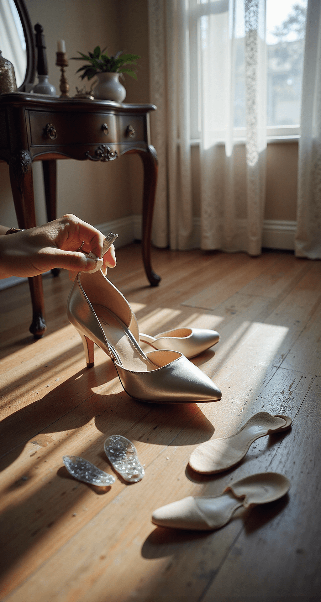 Close-up of hands using professional shoe stretchers on new wedding shoes at a vintage vanity in a master bedroom, with gel insoles, heel grips, and blister prevention strips nearby, illuminated by soft afternoon light filtering through lace curtains.