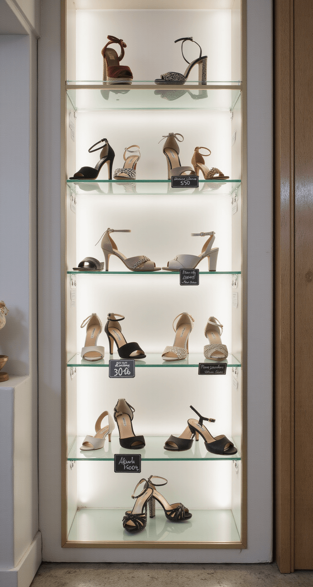 Wide shot of a contemporary bridal salon showcasing illuminated glass shelves filled with various shoe styles, displaying price tags ranging from $50 to $1000+, emphasizing a mix of budget-friendly options and luxury designer brands in a clean, editorial photography style.