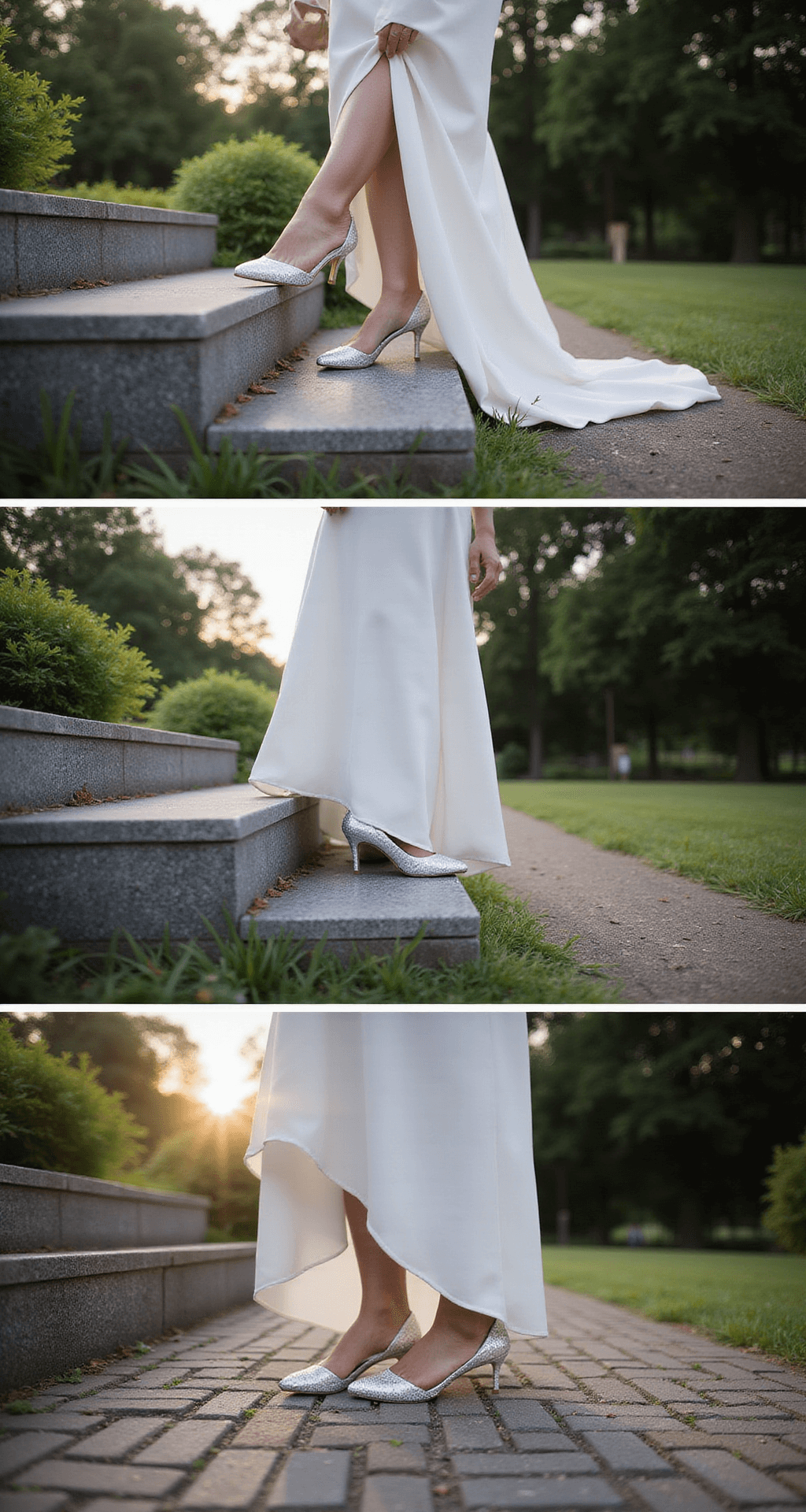 A bride at dusk tests different heel heights on marble steps, grass, and cobblestones, showcasing her main wedding shoes and a backup pair, with natural and subtle artificial lighting accentuating the textures of the surfaces.