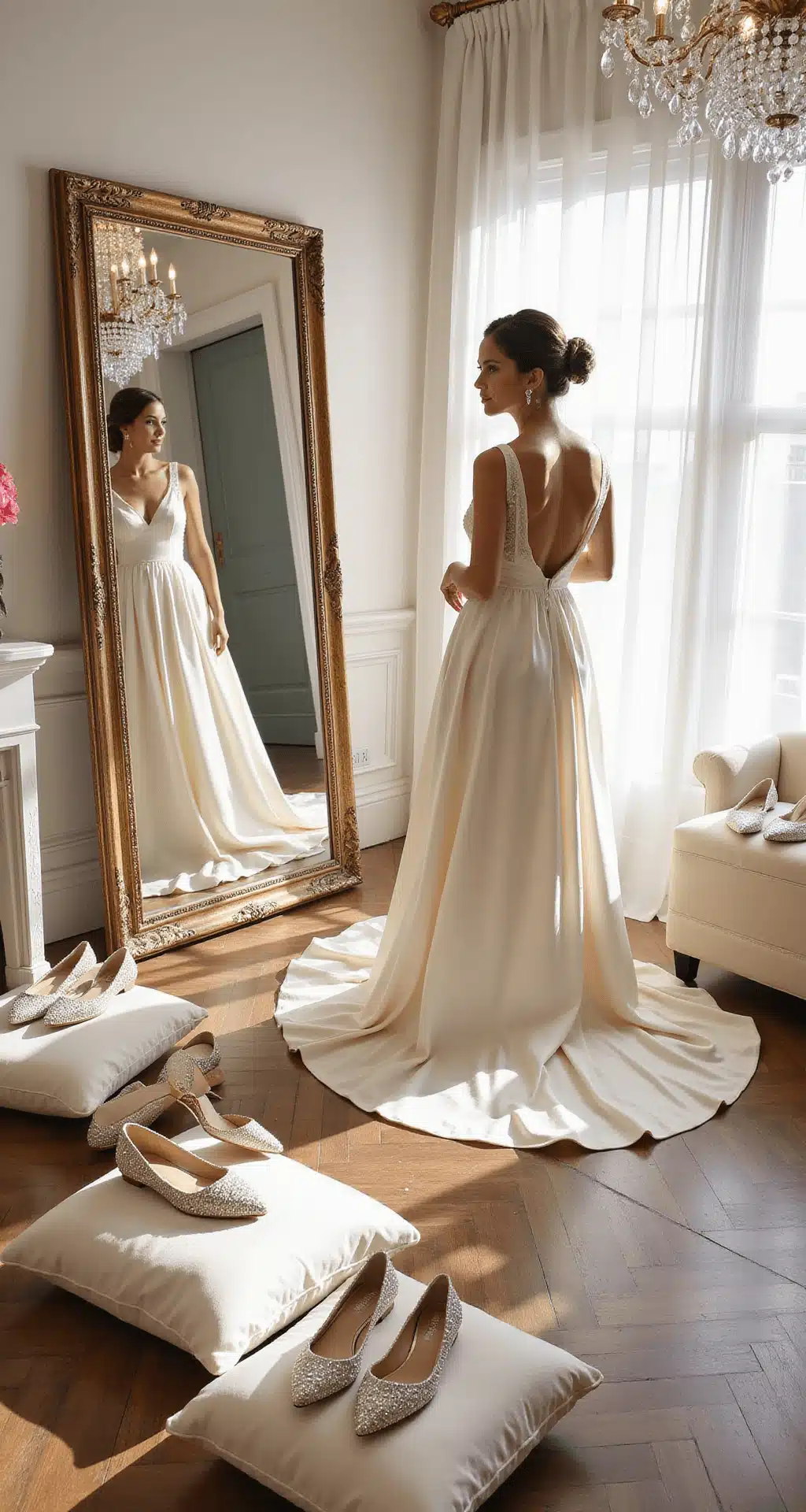 A bride in a flowing silk wedding gown admires her reflection in a full-length mirror while trying on pearl-embellished ivory satin flats in a sunlit bridal boutique with modern décor and soft blush accents.