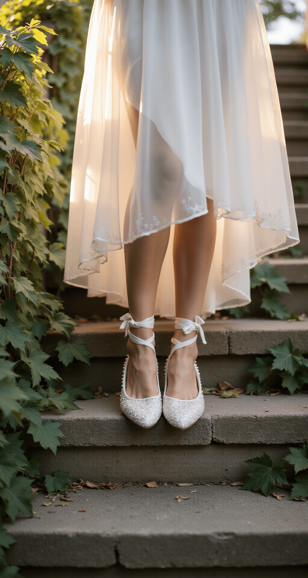 Close-up of a bride's feet in Italian leather ballet flats with vintage lace, standing on weathered stone steps covered in ivy. Her tulle skirt glows in the golden hour light, highlighting the hand-sewn pearl details and ribbon ties of the shoes in a dreamy garden setting.