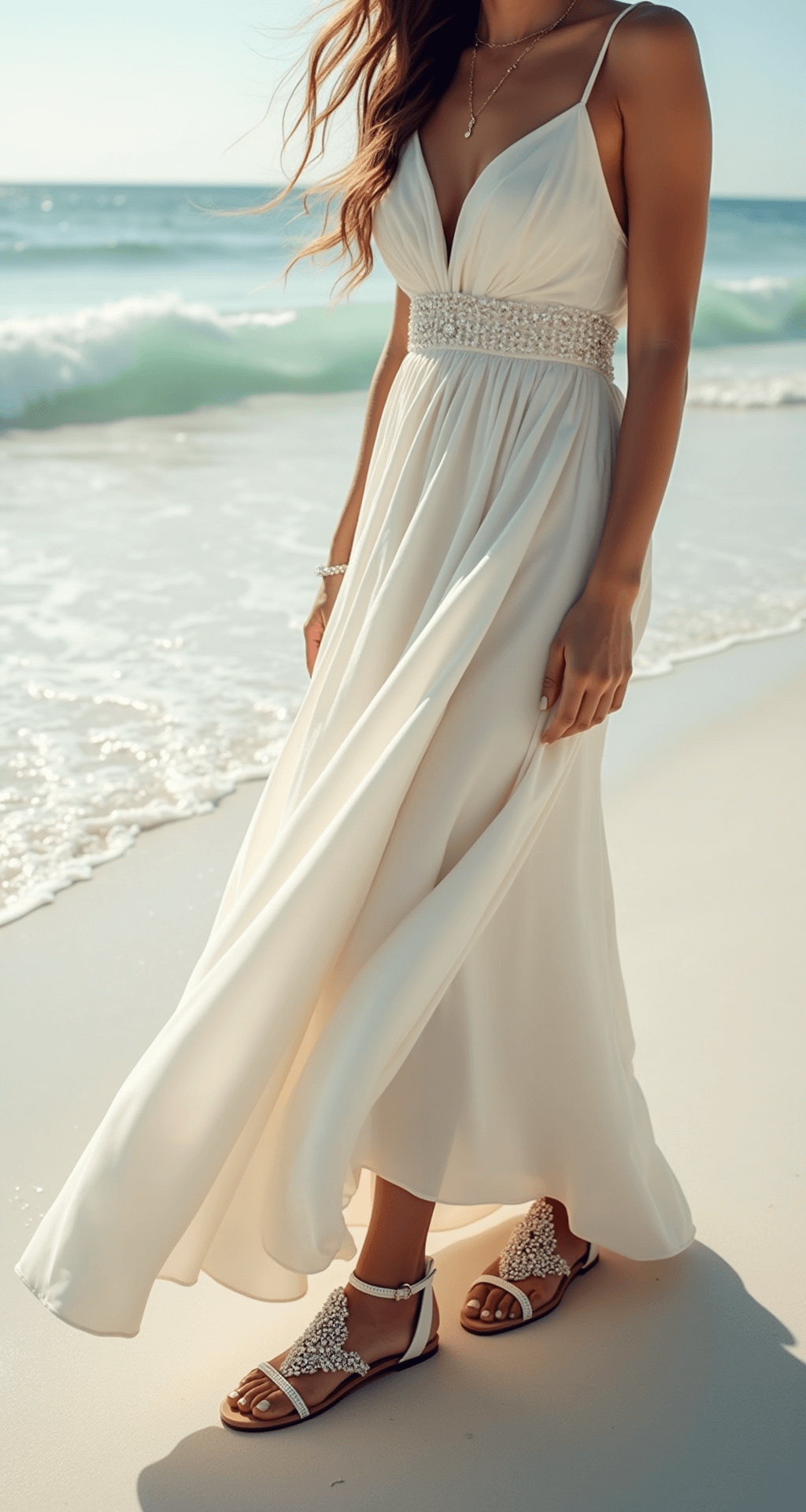 Bride in a flowing bohemian wedding dress stands on pristine white sand at a beach wedding, wearing crystal-embellished flat sandals with delicate ankle straps. Waves gently roll in the background as sunlight catches the intricate beadwork on her sandals, complementing her beach-wave hair and natural makeup. Shot from a low angle to highlight the shoes, dress movement, and oceanfront setting.
