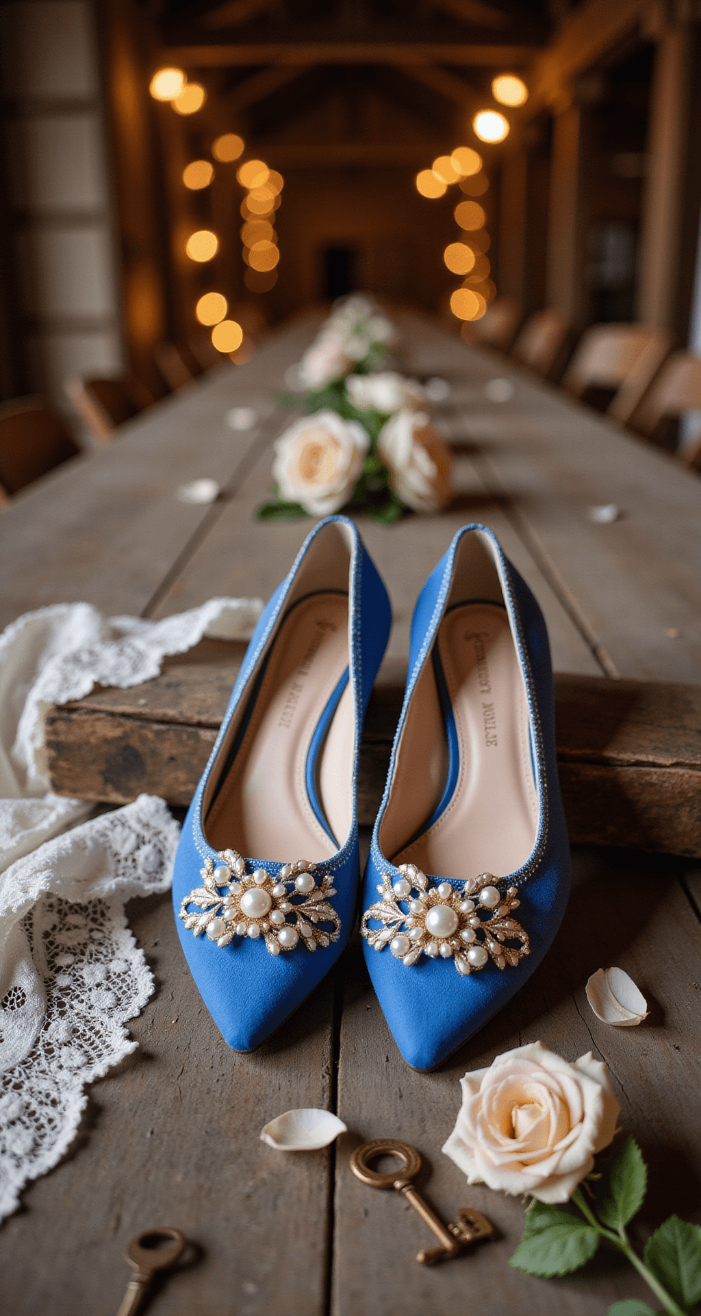 Aerial view of colorful Betsey Johnson flats with blue soles and pearl embellishments, surrounded by vintage lace, antique keys, and scattered rose petals on a rustic wooden surface, with twinkling fairy lights in the soft-focus background.
