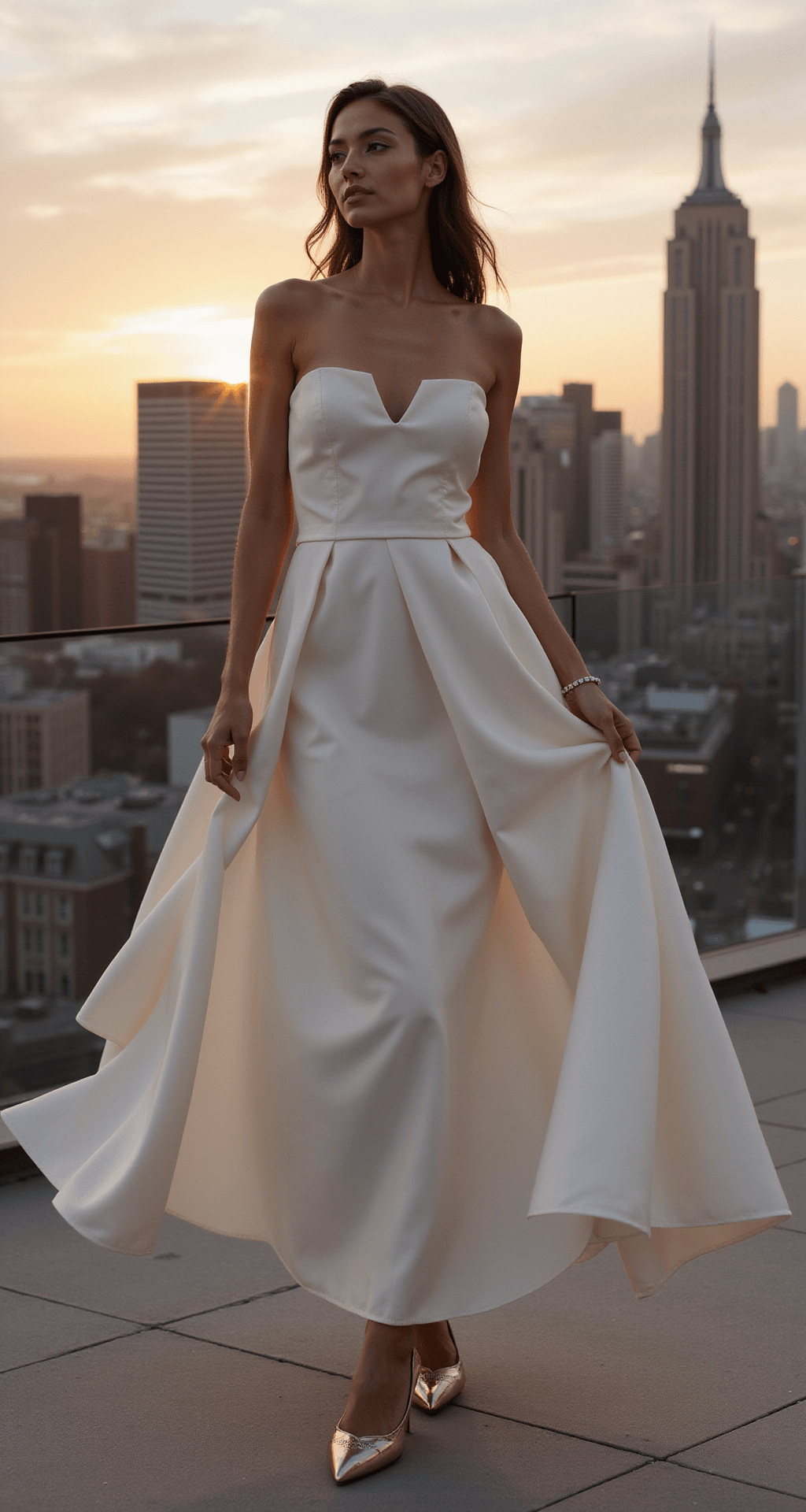 Bride in a contemporary gown and minimalist cream flats with architectural metal details, standing against a city skyline at sunset, dress flowing in the wind, shot from a low angle for a high-fashion look.