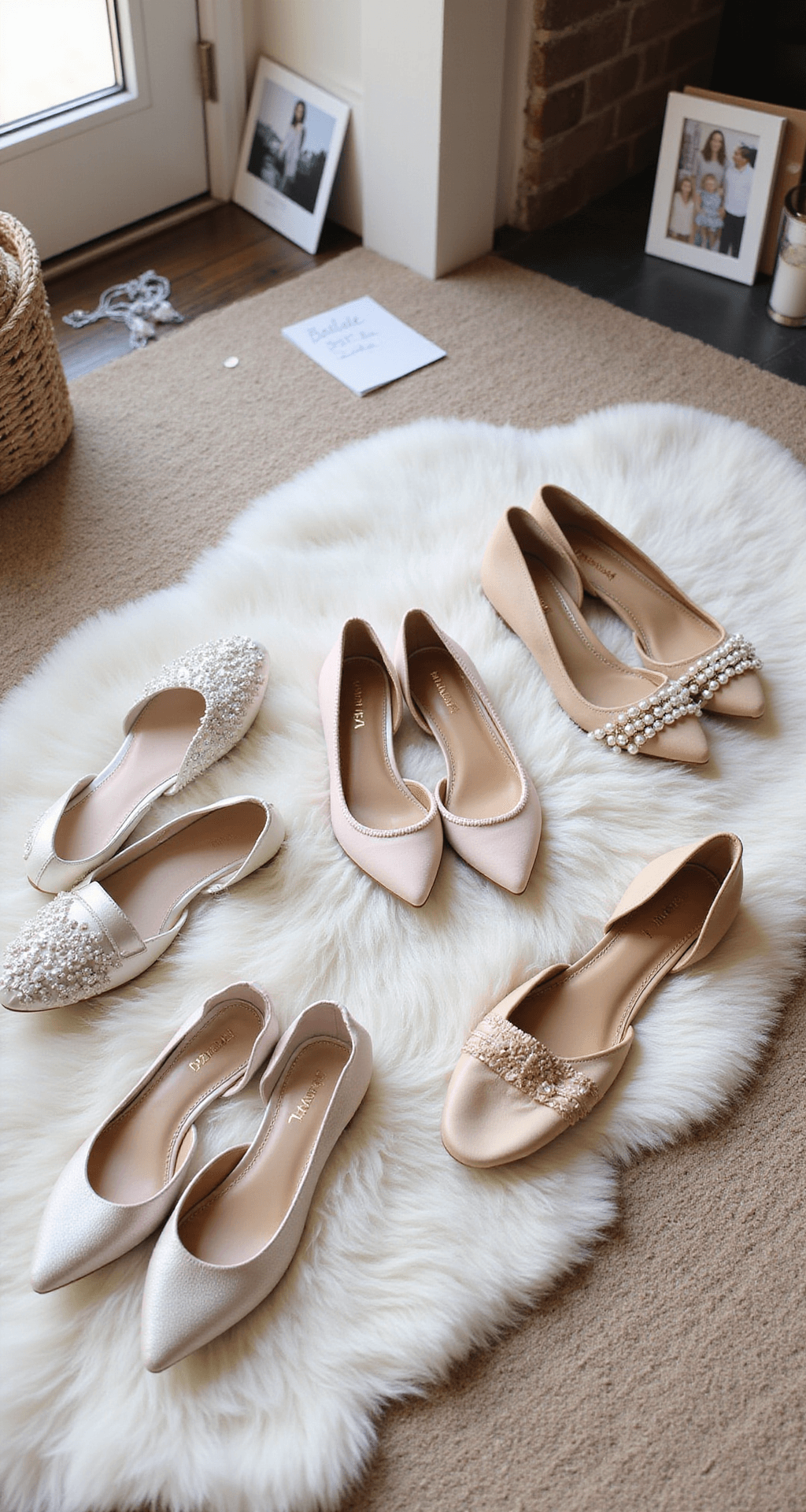 Intimate bridal preparation scene featuring multiple pairs of designer flats on a plush white carpet, illuminated by soft morning light, showcasing textures of silk, satin, leather, and lace, with personal elements like a handwritten note and family photos in the background.