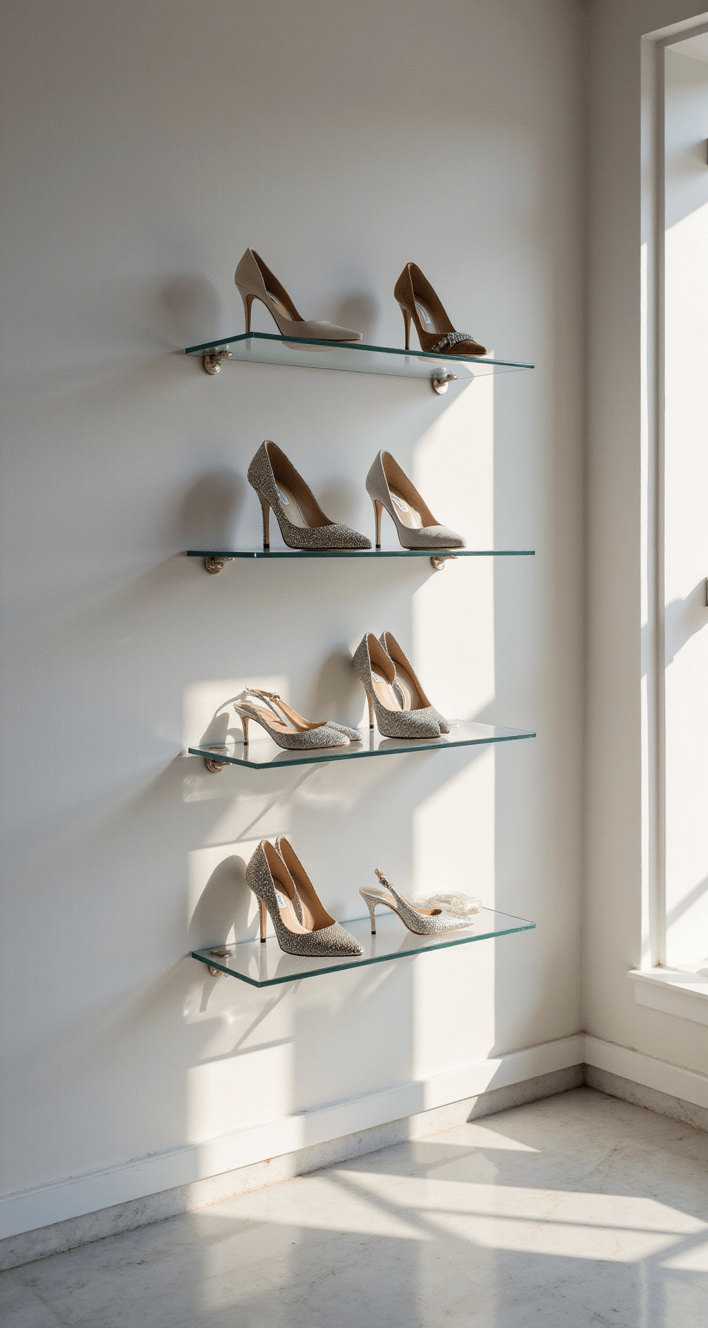Modern minimalist wedding showroom with white walls and marble floors, showcasing Badgley Mischka bridal shoes on glass shelves, illuminated by morning light, featuring a close-up of Giabella heels with a bokeh background.