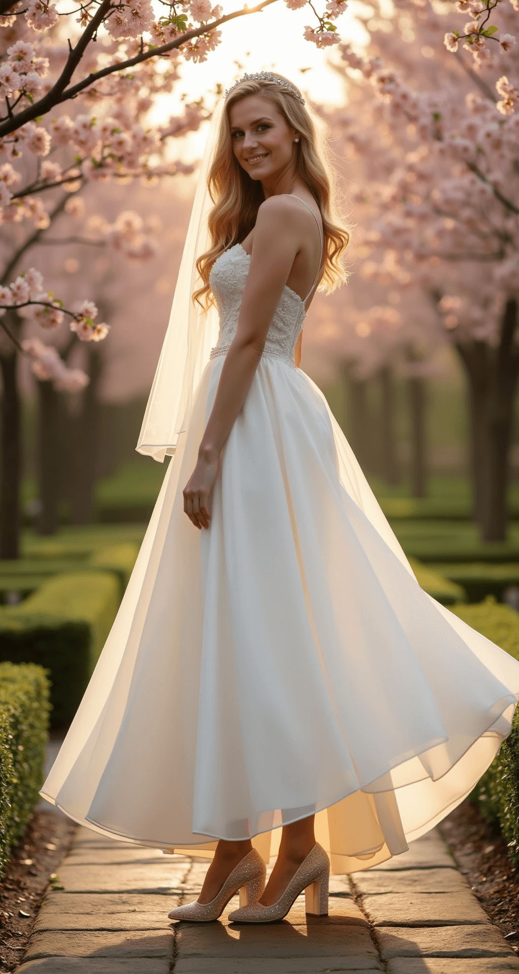 A bride in a flowing white gown and pearl-accented block heels stands on a stone pathway in a romantic garden wedding venue during golden hour, surrounded by blooming cherry blossoms and soft backlight, creating a dreamy atmosphere.