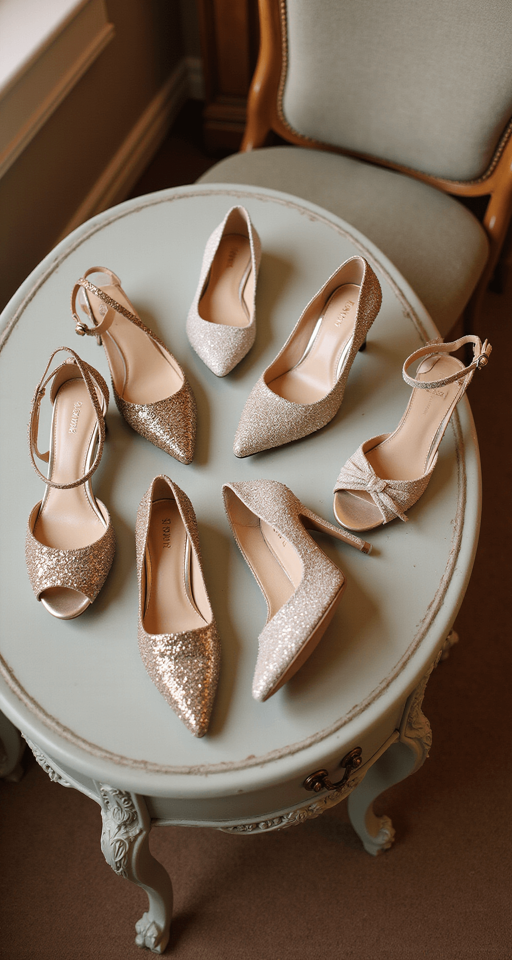 Luxurious bridal suite featuring a vintage-inspired French provincial vanity adorned with a variety of wedding shoes from the Nina Shoes collection, showcasing stilettos and kitten heels, under warm afternoon light that highlights their textures and embellishments in an overhead flat lay composition.