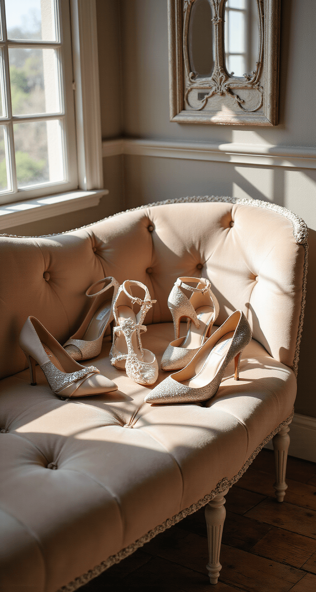 Elegant bridal salon corner showcasing an array of heel heights displayed on a champagne-colored velvet settee, with dramatic window light casting shadows, mirror reflections enhancing depth, scattered rose petals, and delicate lace trim.