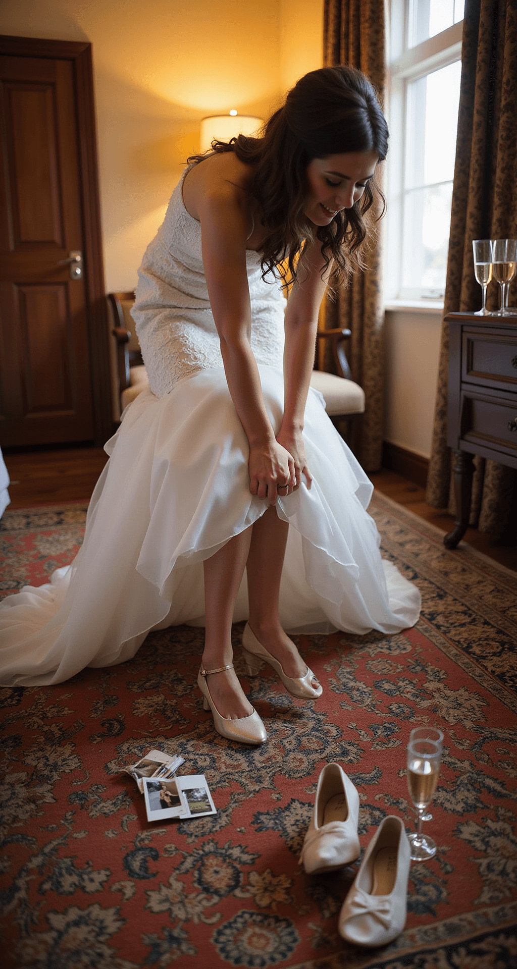 A bride in a classic hotel suite transitions from her ceremony heels to dancing flats, surrounded by warm evening light and chandelier glow, with both pairs of shoes on a vintage Persian rug, alongside scattered polaroid photos and half-empty champagne glasses.