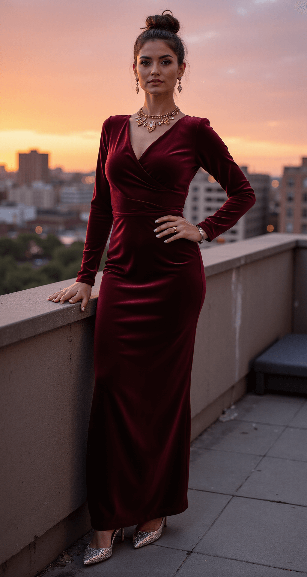 A woman in a burgundy velvet cocktail dress stands elegantly on a modern rooftop venue at sunset, showcasing city lights in the background. Her hair is styled in an elegant updo, complemented by crystal-embellished pumps and vintage gold jewelry, with professional lighting highlighting the texture of her dress.