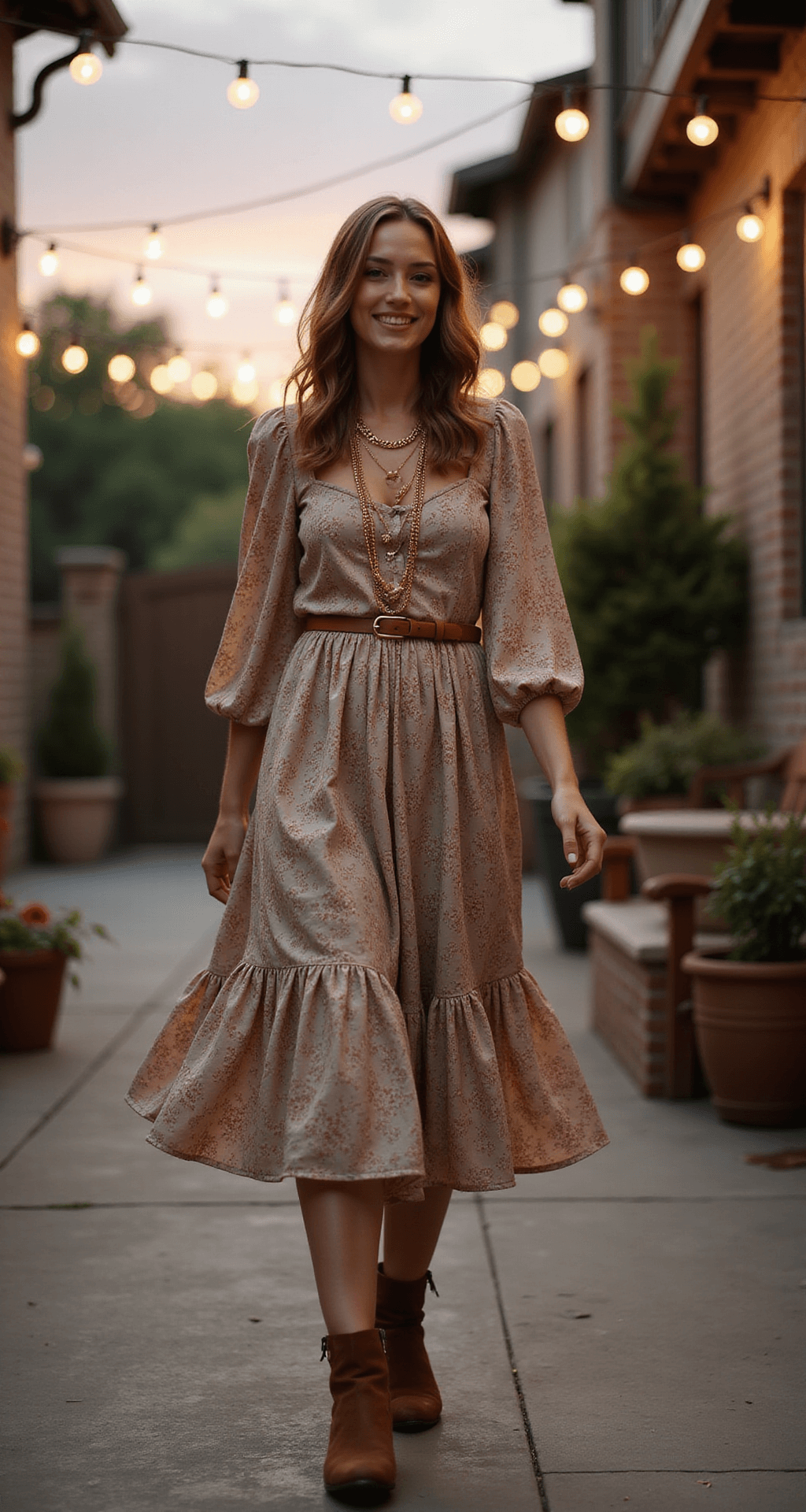 A woman in a floral midi dress with balloon sleeves walks joyfully through a vintage-inspired courtyard adorned with string lights at dusk, wearing cognac leather boots and gold layered necklaces, her loose waves and warm makeup complementing the romantic atmosphere.