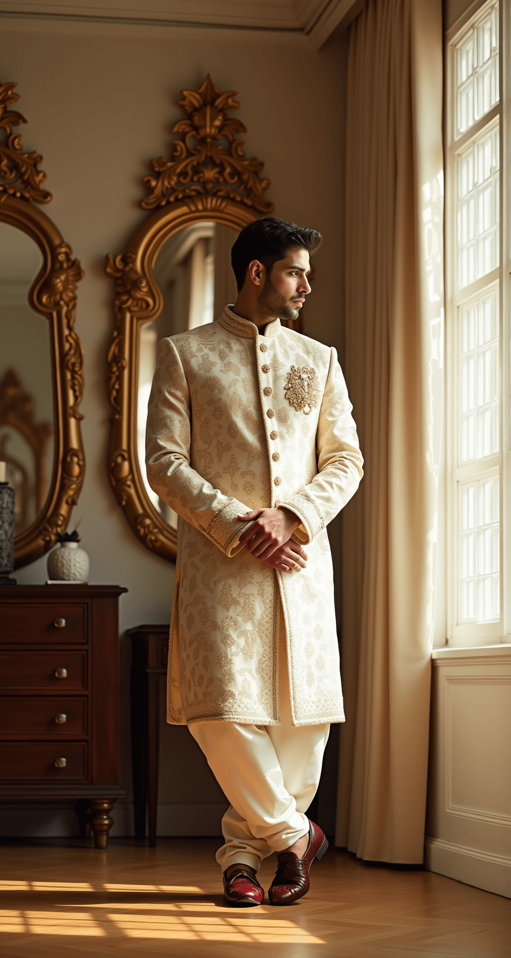 A male model poses in a luxurious boutique interior, wearing an ivory sherwani with intricate gold embroidery and burgundy mojari shoes, surrounded by ornate gold-framed mirrors and bathed in natural light from floor-to-ceiling windows.