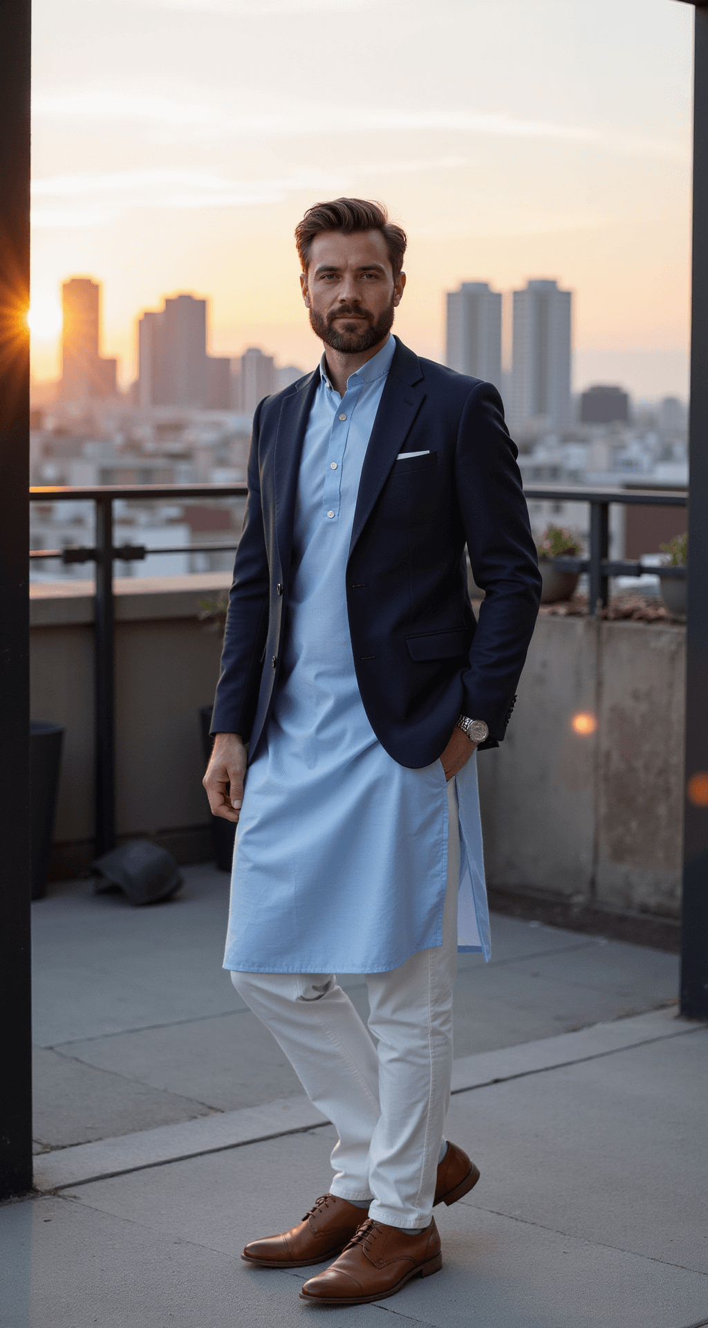 A male subject in a powder blue kurta, navy blazer, slim-fit white trousers, and tan leather Oxford shoes poses confidently on an urban rooftop terrace during golden hour, with a dramatic city skyline in the background and warm evening light highlighting the outfit's textures.
