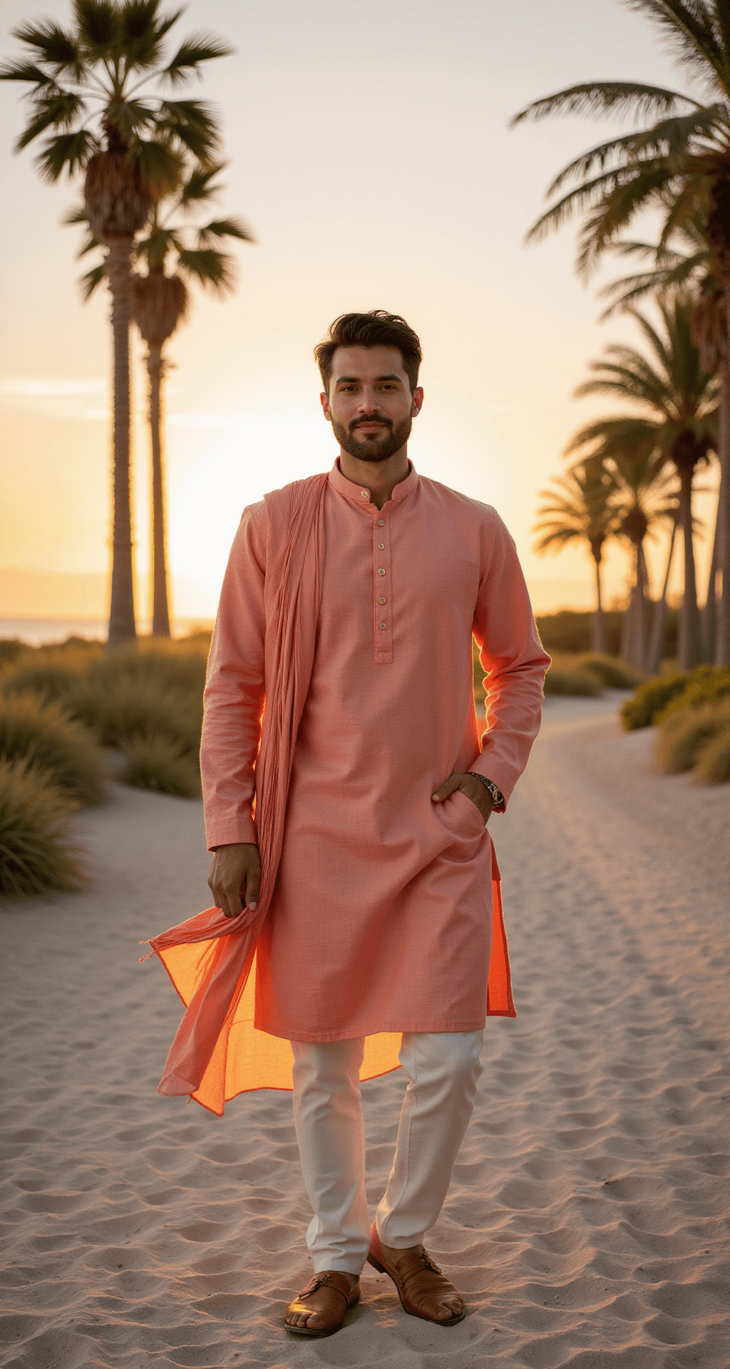 Groom in soft coral linen kurta and ivory churidar on a sandy beach at sunset, framed by palm trees; warm golden hour lighting enhances natural skin tones, capturing a candid moment with flowing fabric.