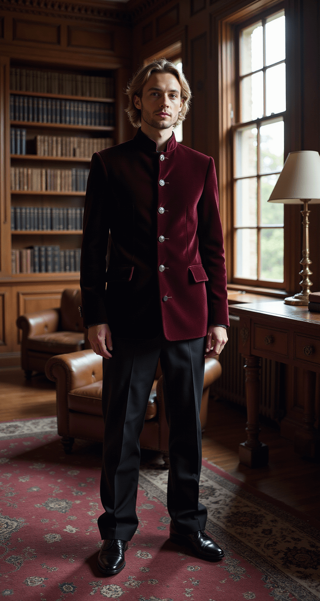 A subject dressed in a deep burgundy velvet bandhgala stands in a historic mansion library, surrounded by rich wooden bookshelves and leather furniture, illuminated by dramatic side lighting from vintage windows.