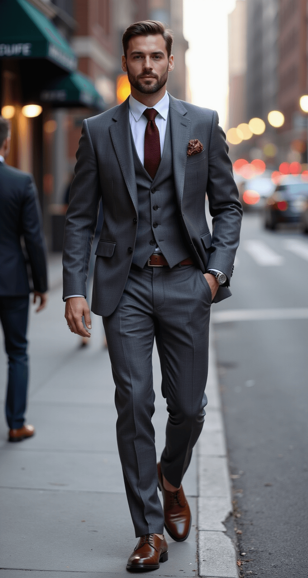 A male model in a charcoal grey suit with a subtle windowpane pattern and a burgundy knit tie stands on a downtown street corner during early evening, with city lights creating a bokeh effect around him. He is captured in a natural walking pose, showcasing brown leather accessories, with a soft background focus typical of 50mm lens photography at f/1.8.