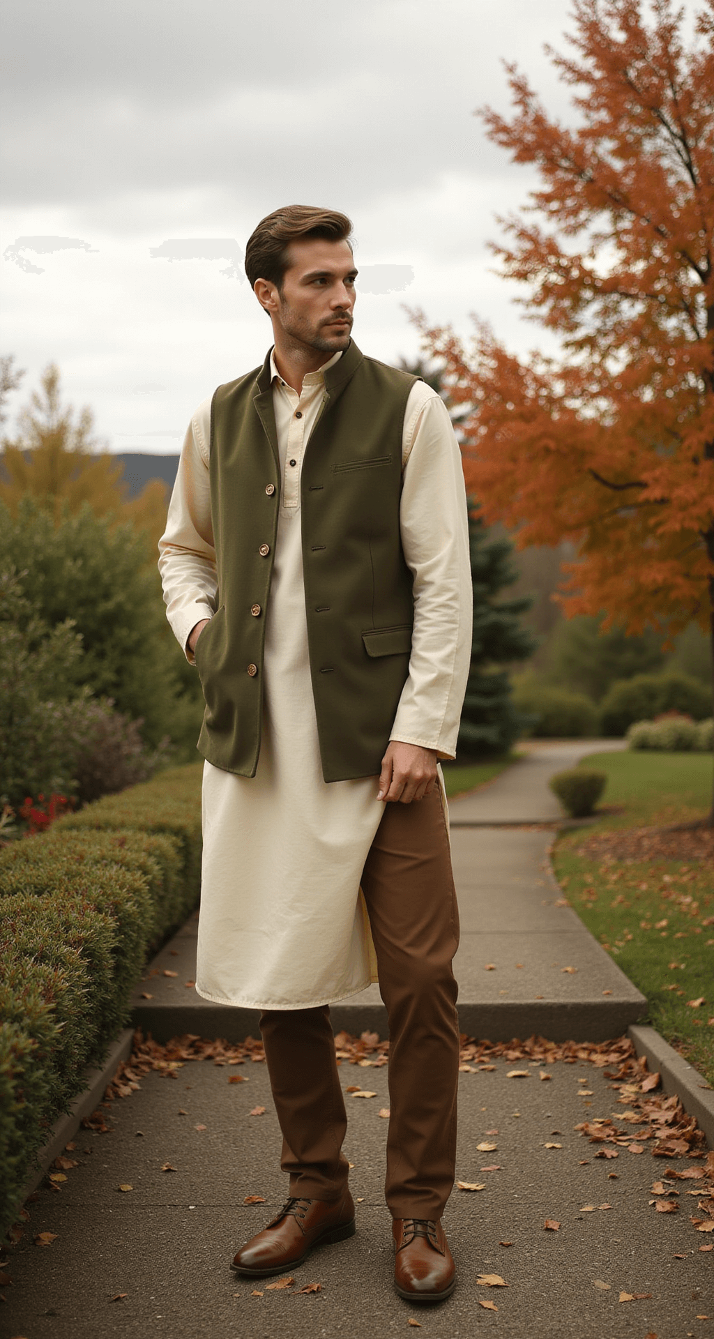 A person in an olive green waistcoat over an ivory kurta and tailored brown trousers stands in an autumn garden, surrounded by colorful fall foliage, as soft sunlight filters through the clouds, captured in a wide-angle shot that emphasizes both the outfit and the tranquil setting.