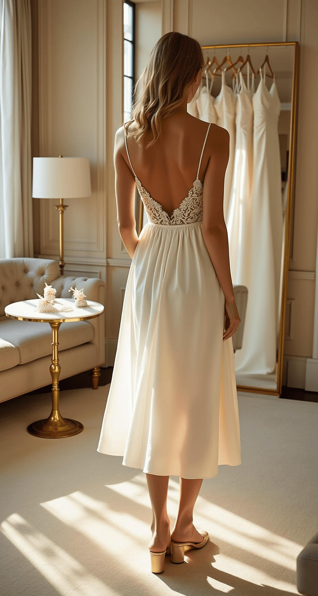 A bride-to-be in an ivory silk slip dress examines herself in a triple mirror at a luxurious bridal boutique, illuminated by golden hour sunlight. Plush cream carpeting and champagne-colored furnishings enhance the sophisticated ambiance, while a nearby rack displays designer dresses and a side table showcases pearl hair accessories and crystal heels.