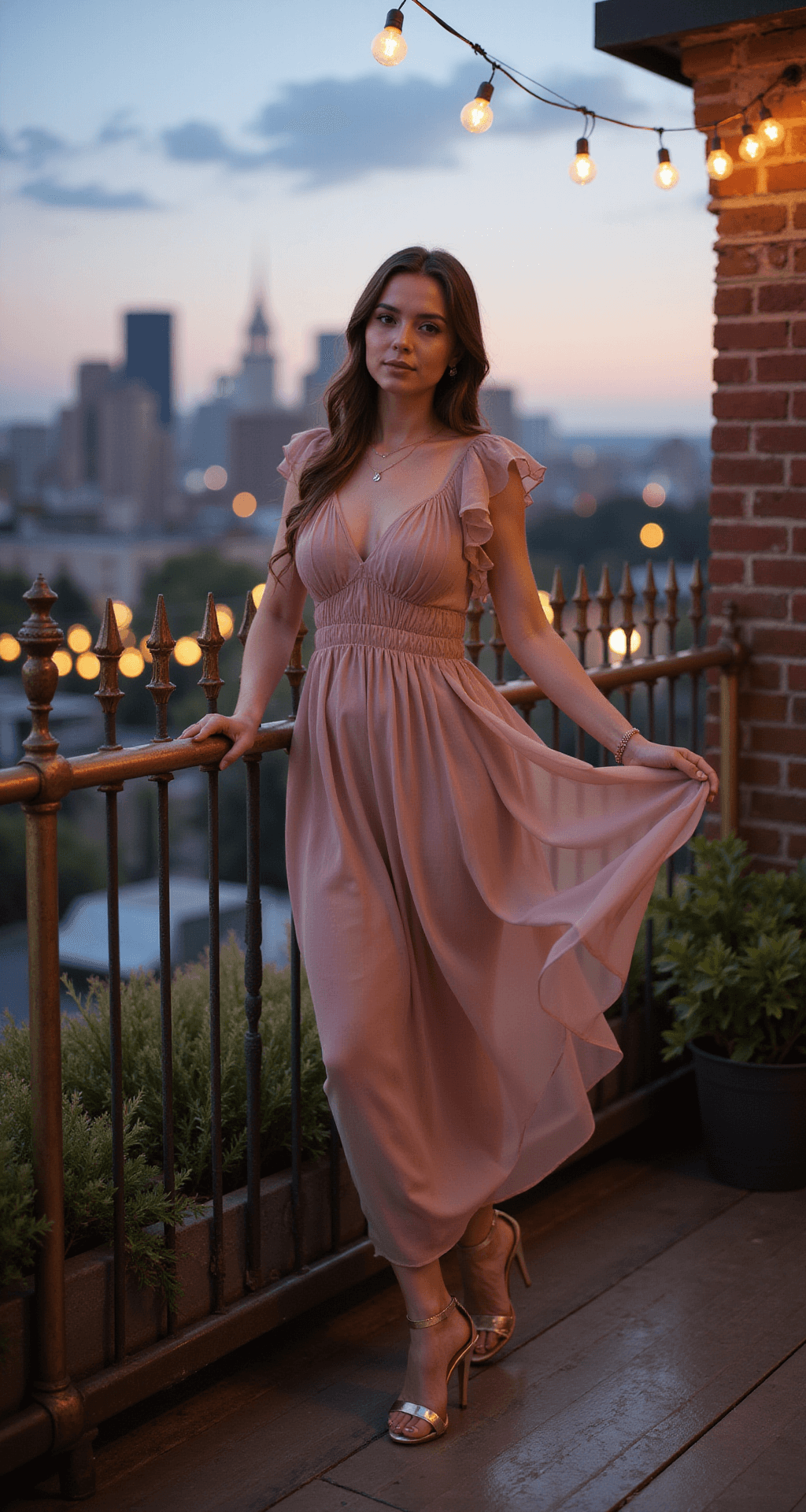 A model in a dusty rose chiffon dress with flutter sleeves poses by vintage brass railings at an enchanting rooftop garden party, illuminated by twinkling string lights. The urban skyline creates a blurred bokeh background, while soft, dreamy lighting enhances the romantic atmosphere.