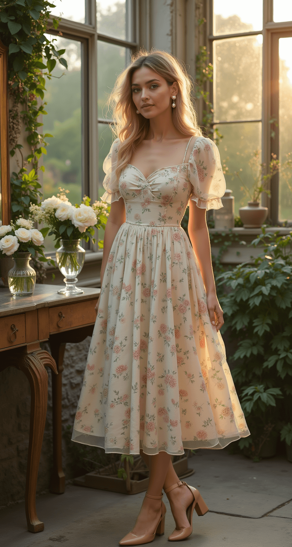 Model in a pastel floral tea-length dress with puff sleeves stands in a vintage-inspired garden conservatory filled with greenery, adorned with antique brass mirrors and crystal vases, during golden hour with soft lens flare effects.