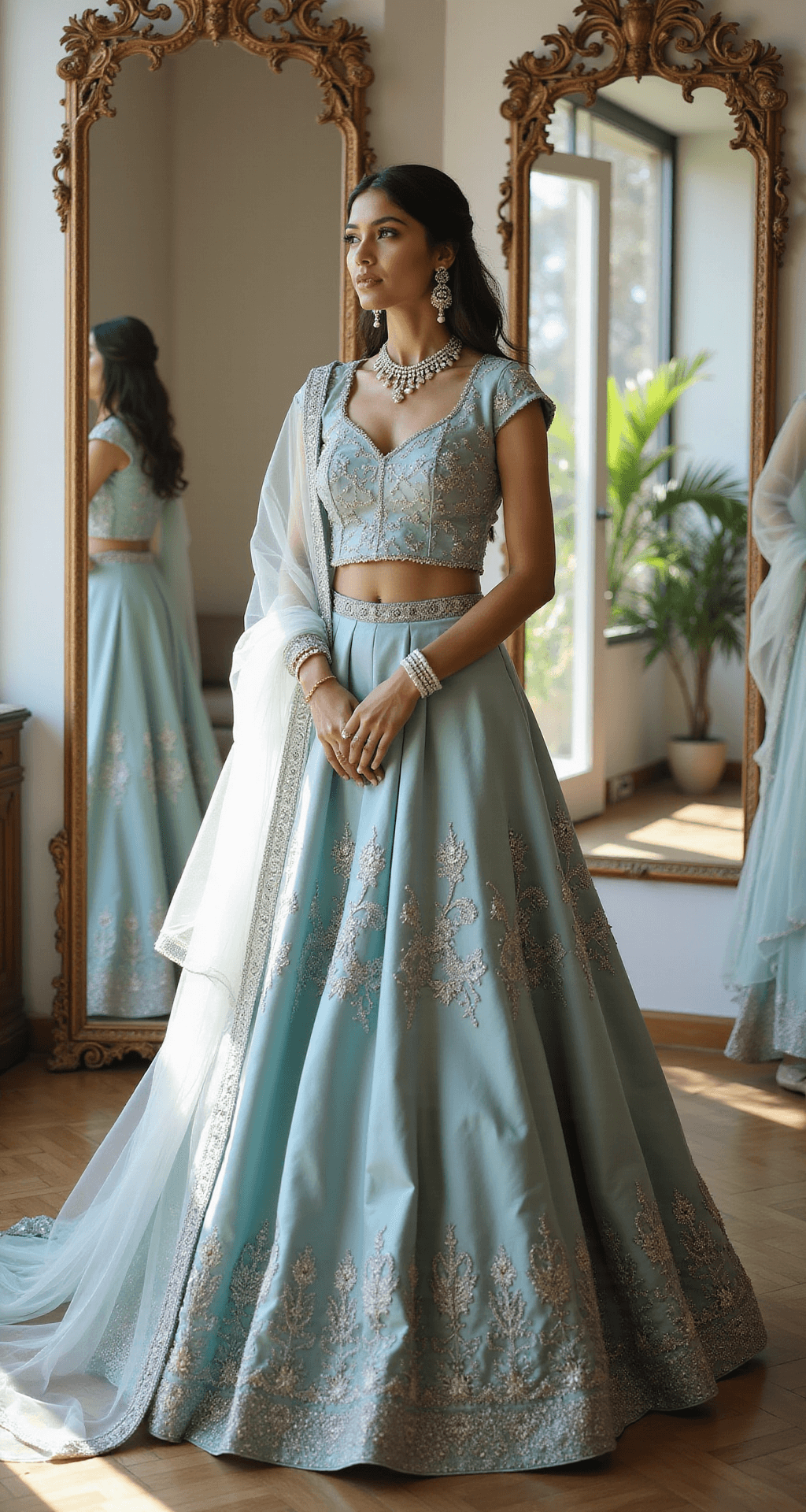 Ethereal sunlight illuminates a bride in a powder blue silk lehenga with silver threadwork, captured in a luxury bridal boutique. The ensemble includes a modern cap-sleeve blouse and a flowing skirt, with pearl and diamond jewelry and a matching net dupatta. The bride's reflection is visible in three ornate mirrors, showcasing the outfit's intricate details in soft focus.