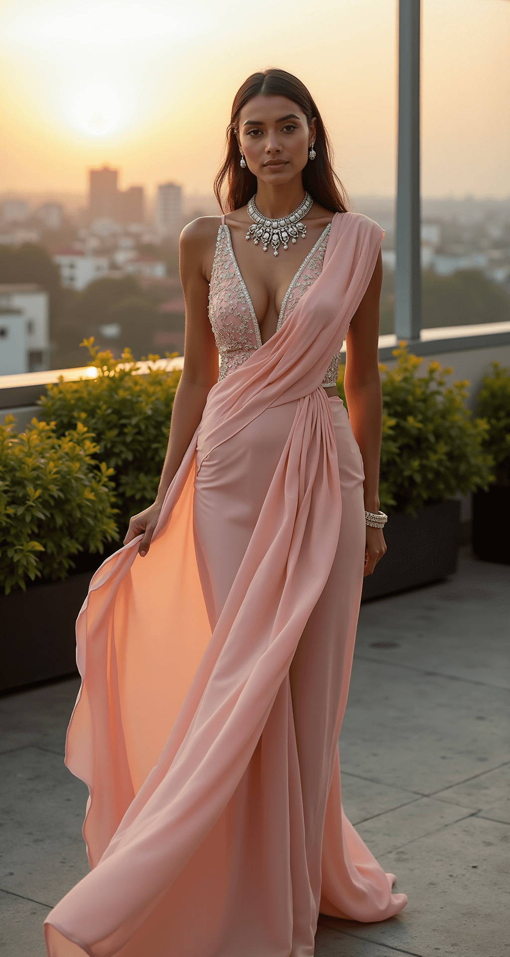 A model in a blush pink georgette saree gown with pearl and crystal embellishments poses in a contemporary rooftop garden during golden hour, showcasing a deep V-neckline with a statement kundan necklace and the Mumbai skyline in the background.