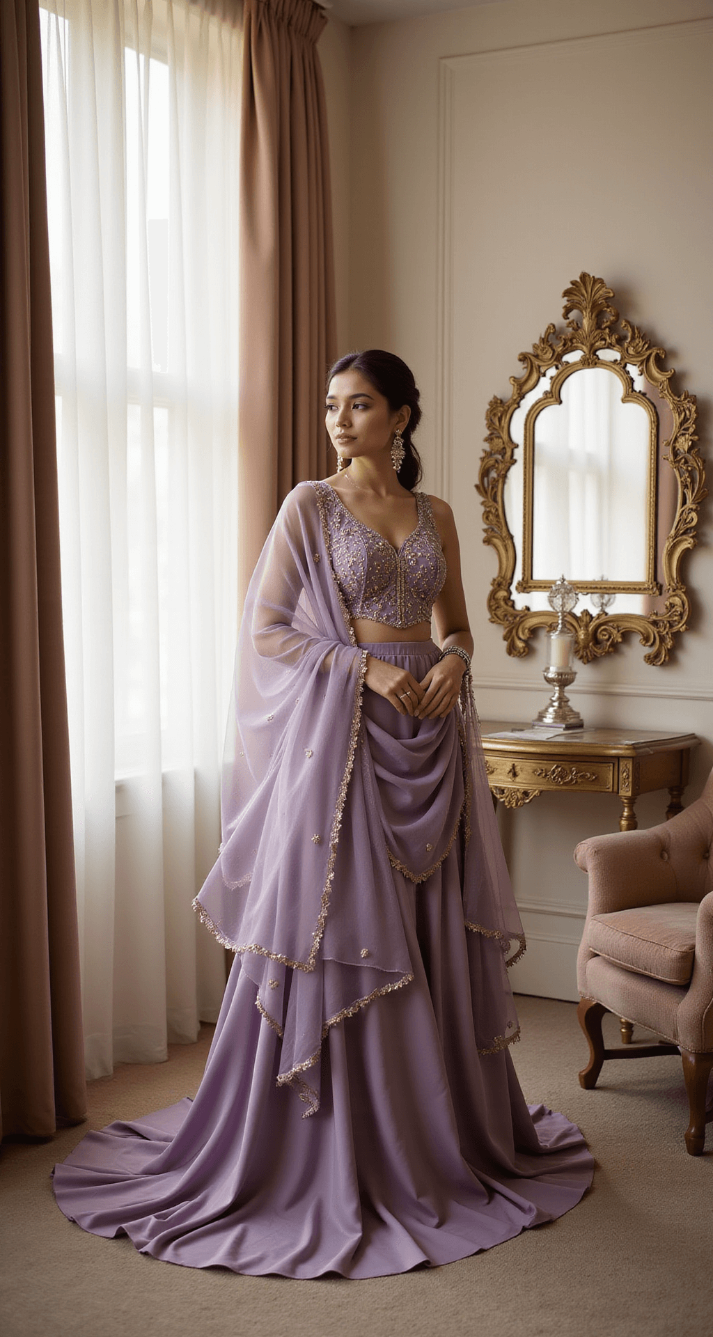 A lavender velvet Anarkali with an asymmetrical hemline and zardozi work, draped with a sheer organza dupatta, is illuminated by soft afternoon light in a vintage-inspired dressing room featuring brass mirrors and plush seating. Close-up details showcase the intricate threadwork and luxurious fabric texture.