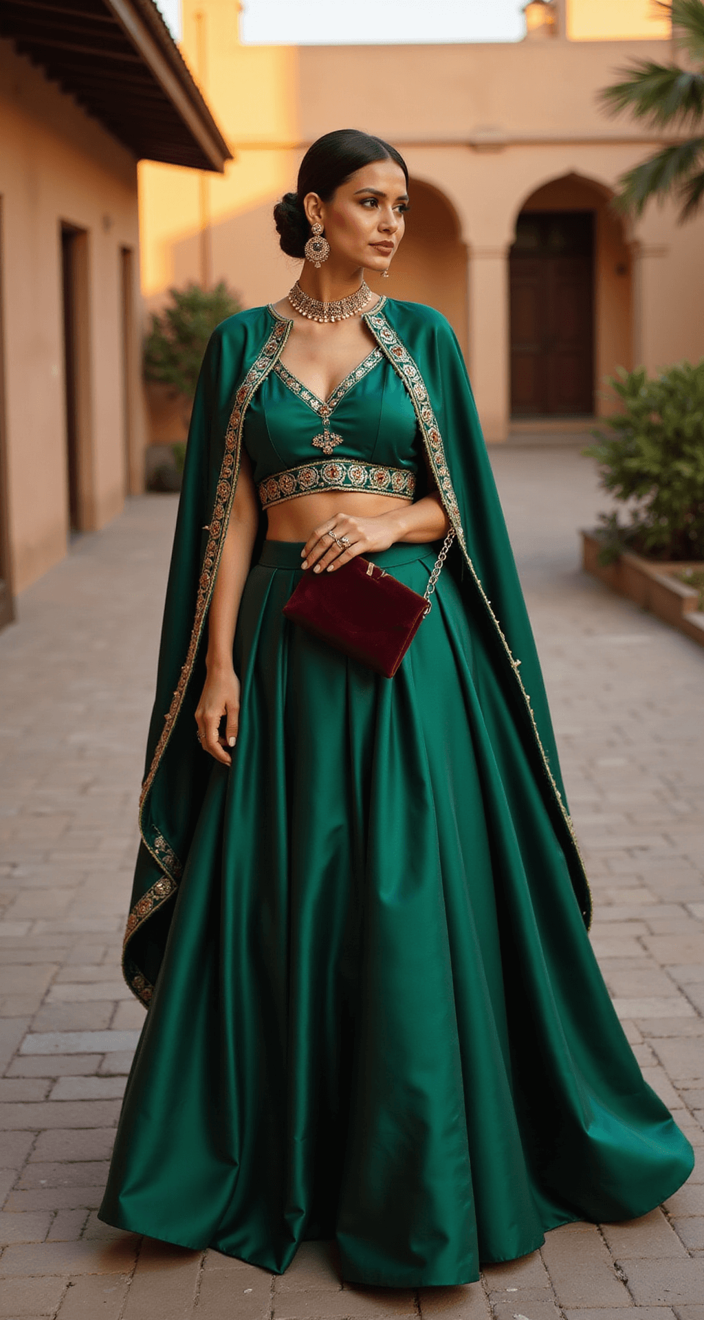 A sunset-lit courtyard featuring a structured emerald green silk cape-style lehenga, with an architectural blouse design adorned with gold border work, complemented by classic skirt elegance, temple jewelry, and a burgundy velvet clutch, captured from a three-quarter angle to highlight the cape's dramatic movement.