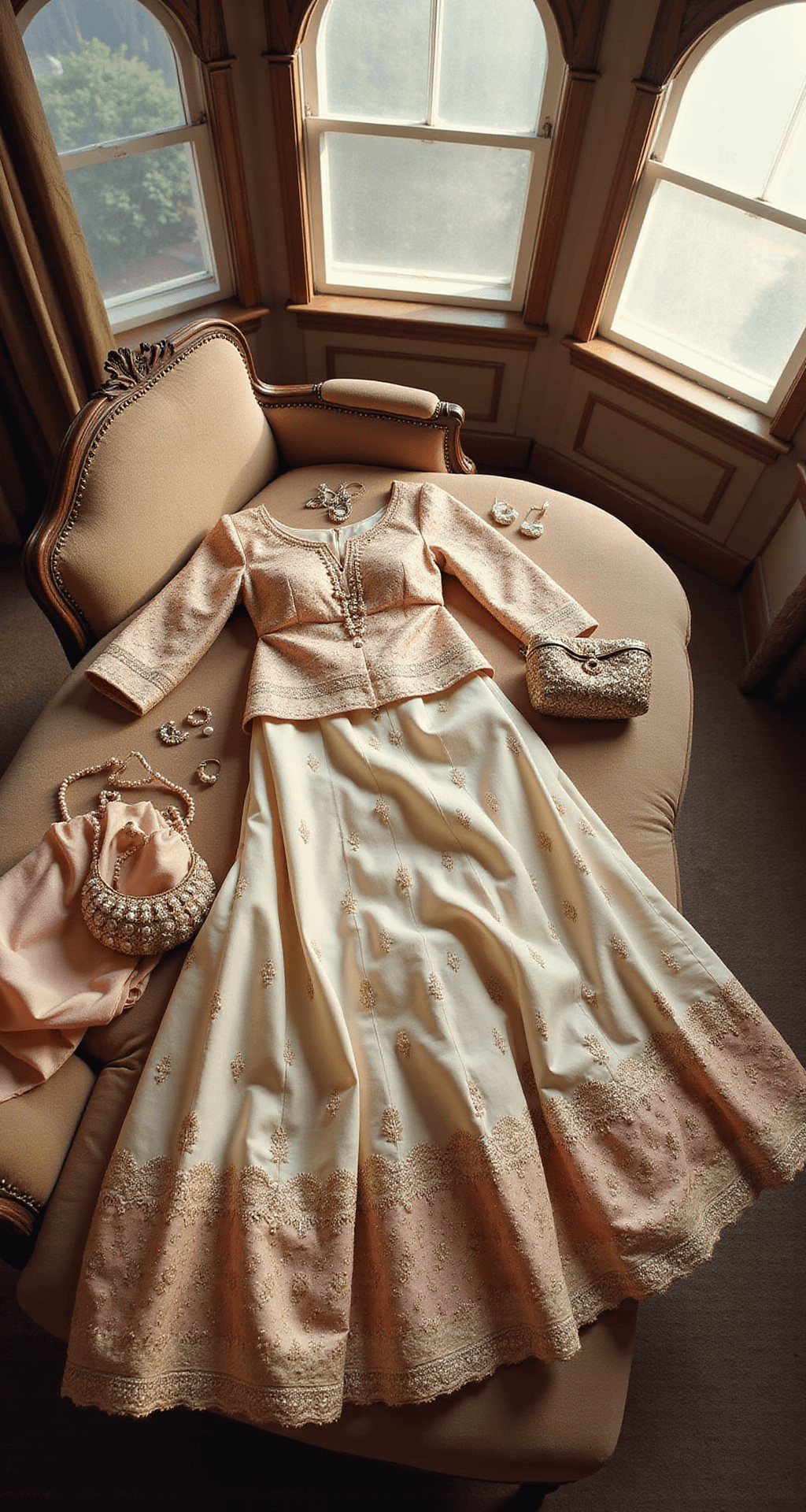 An overhead shot of a cream and rose gold lehenga set on a vintage chaise lounge, illuminated by morning light filtering through arched windows. The outfit features a raw silk base with net overlays, intricate antique gold embroidery, and pearl accents, accompanied by vintage-inspired jewelry and a matching potli bag.