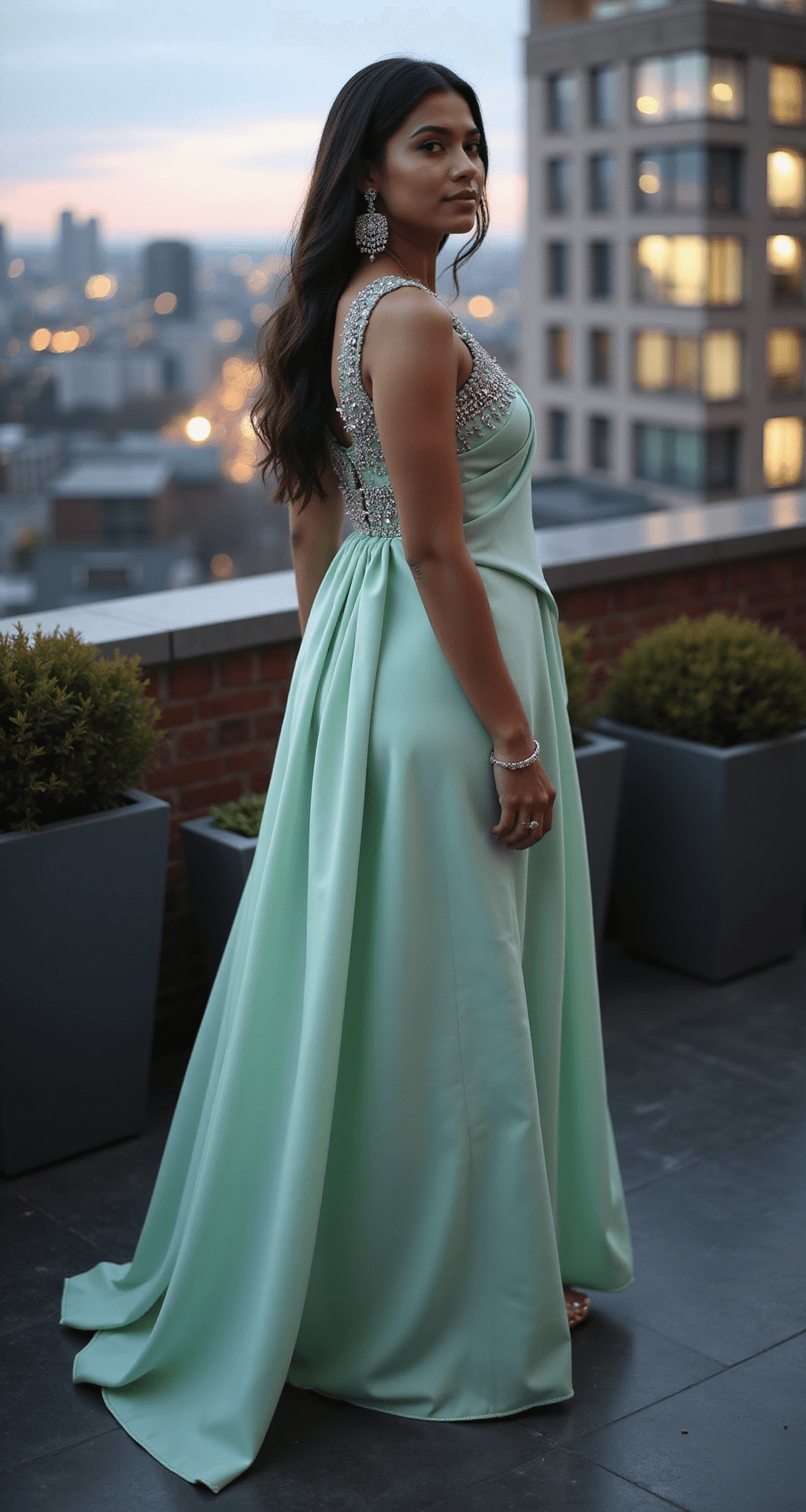 A side profile shot of a woman wearing a pastel mint green georgette saree gown with contemporary draping and crystal embellishments, set against a dusk-lit urban terrace. The flowing silhouette contrasts with the city lights, complemented by minimalist diamond jewelry and metallic accessories.