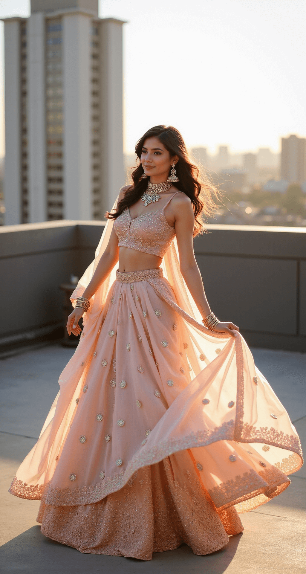 A woman twirls in a blush pink lehenga with gold embroidery on a rooftop at golden hour, with a cityscape backdrop and sunlight highlighting her outfit's details, including a cropped choli and flowing dupatta. Minimal jewelry and a low-angle shot enhance the romantic and dreamy atmosphere.